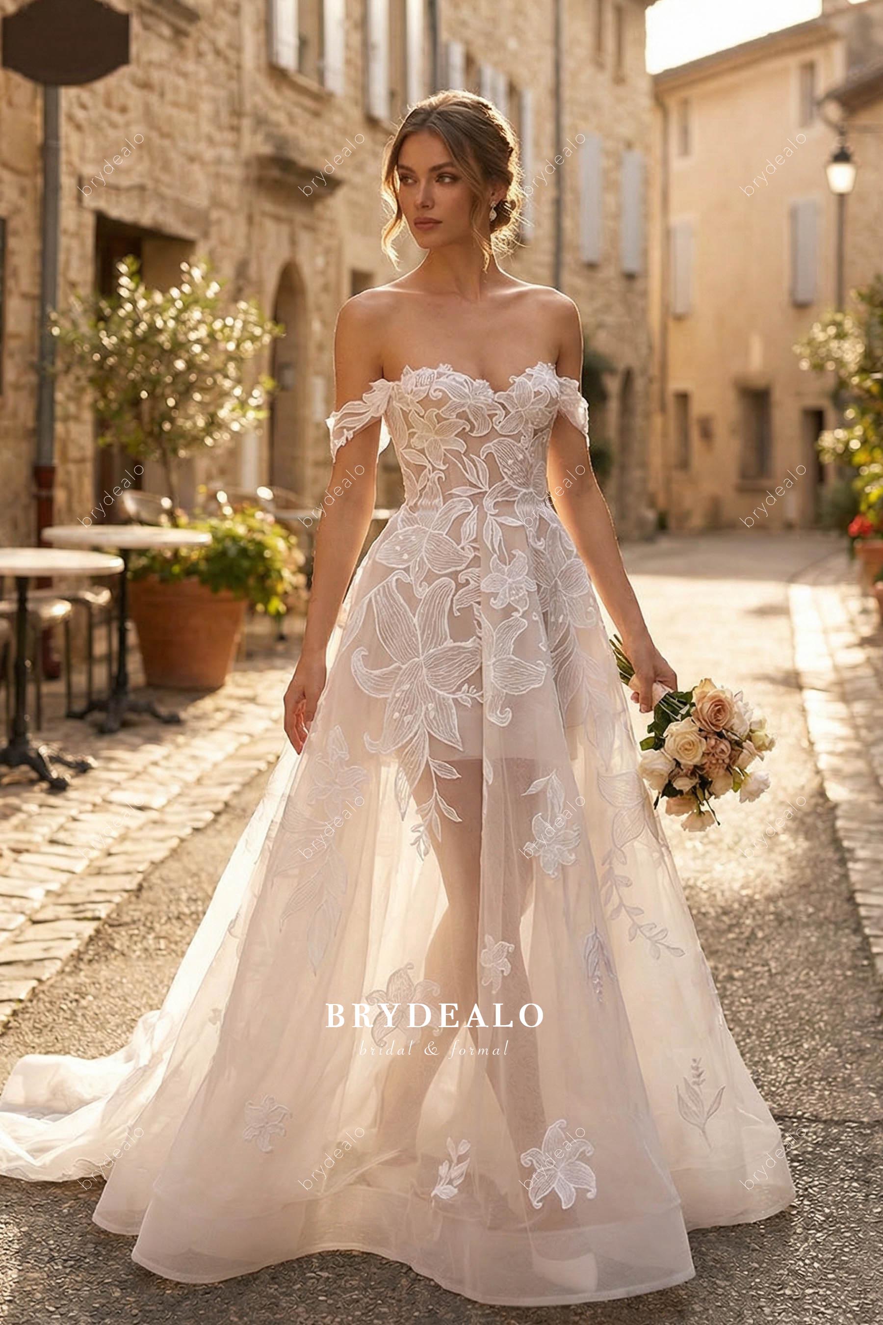 off-shoulder large flower lace wedding dress
