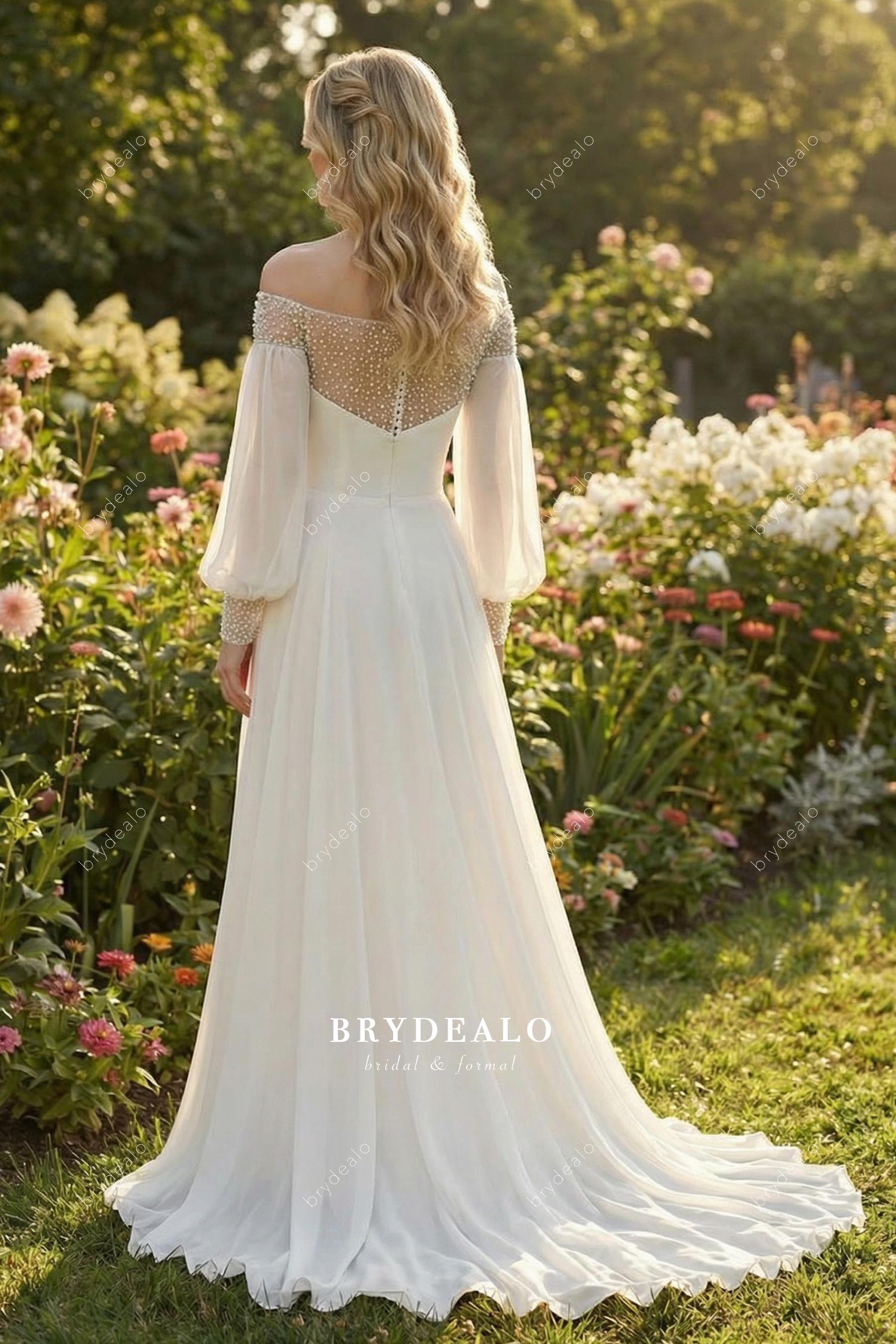 off-shoulder long chiffon wedding dress