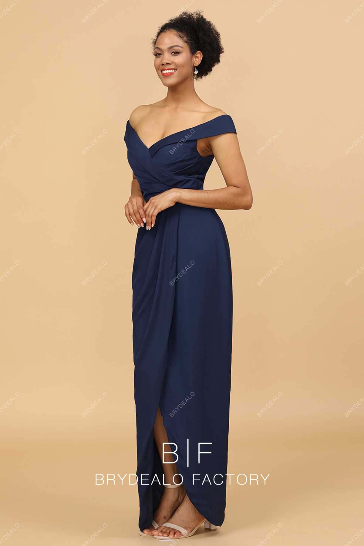 Navy Blue Off Shoulder Slit Chiffon Bridesmaid Formal Dress