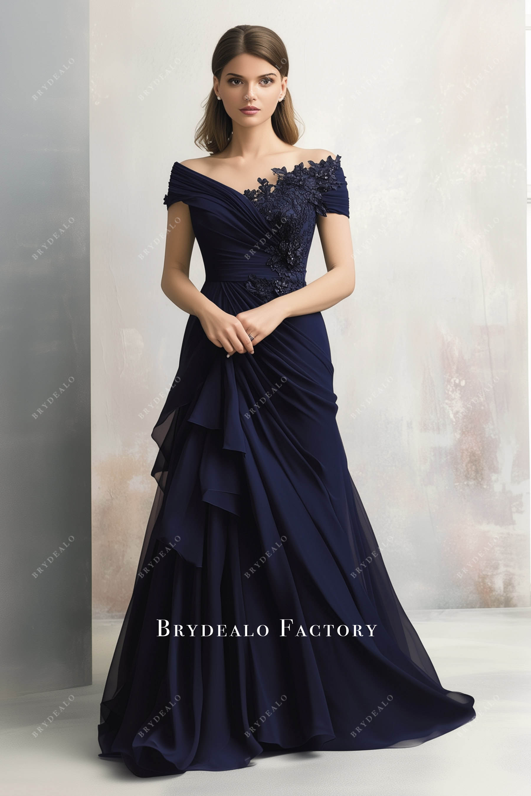 off-shoulder pleated draped mother of bride dress