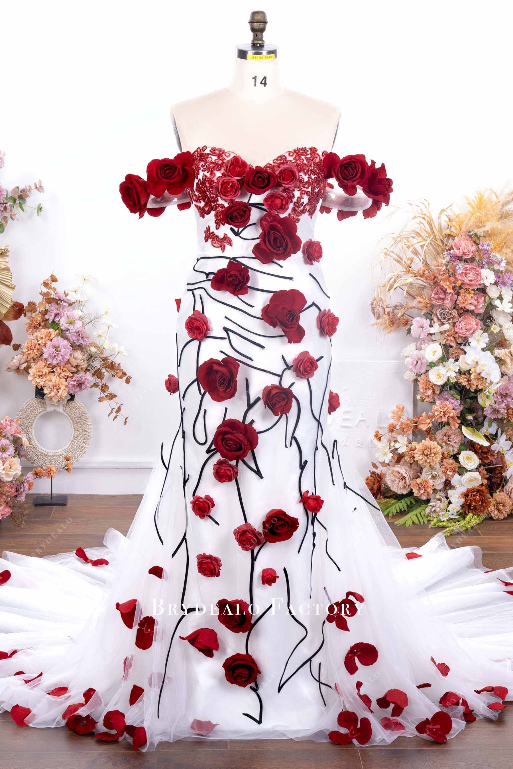 off-shoulder red rose wedding dress