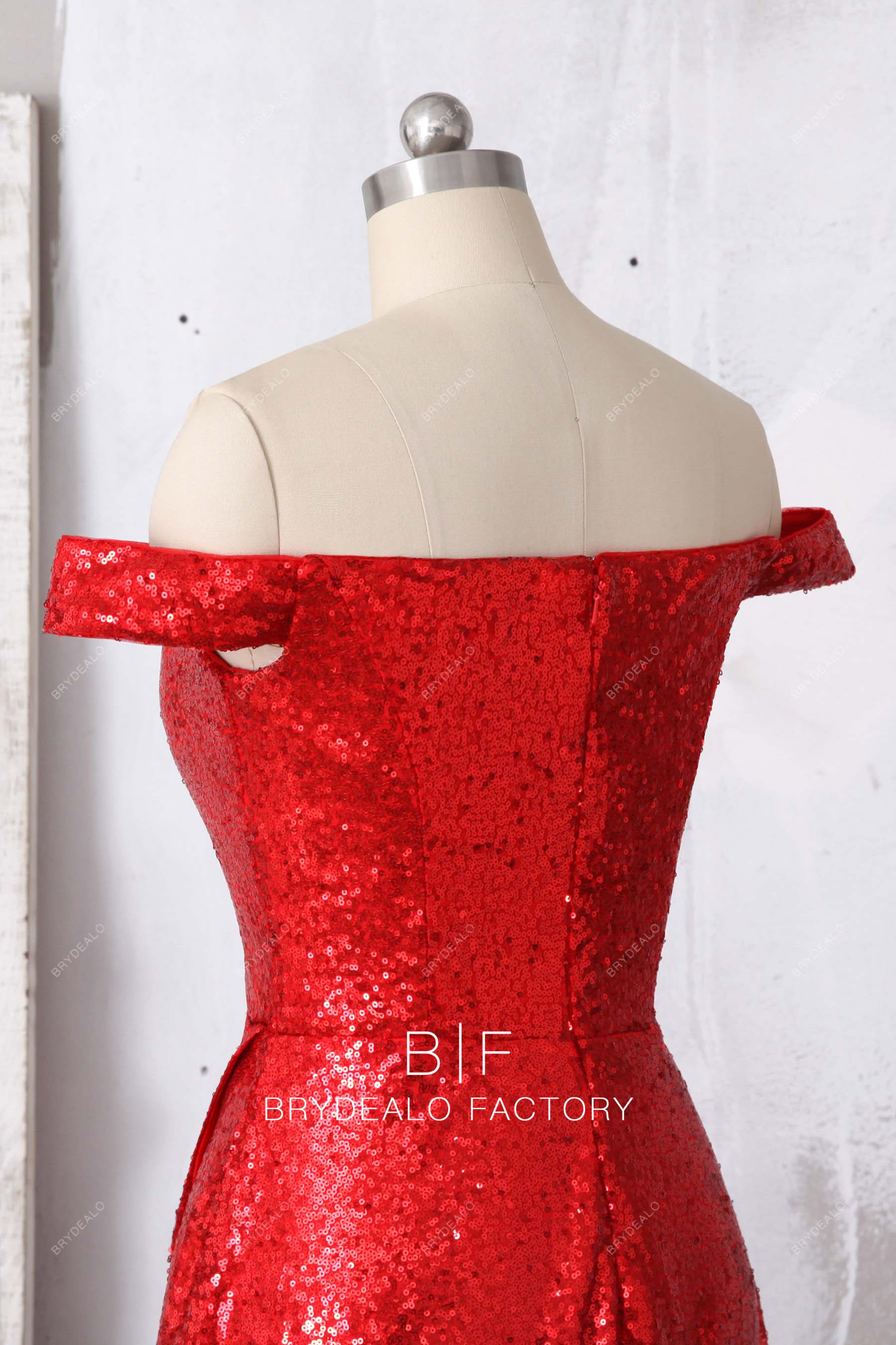 off shoulder open back red sparkly formal dress