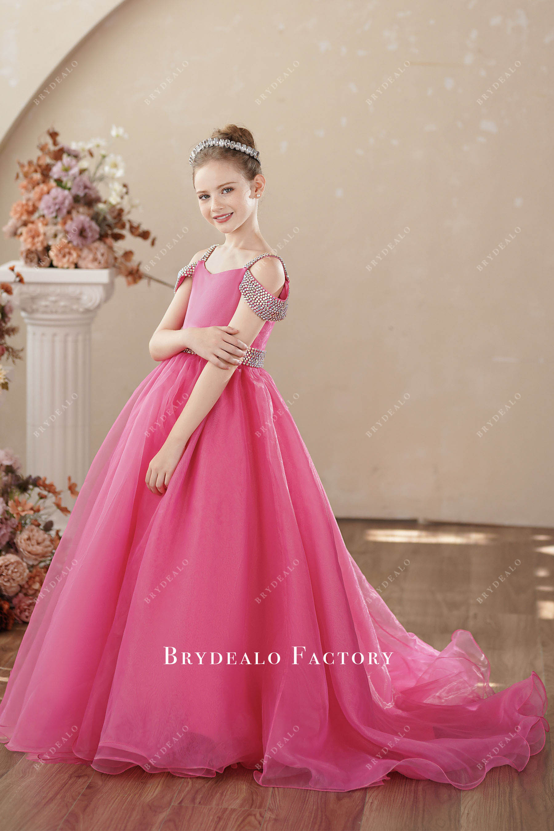 off-shoulder rhinestone organza kids ballgown