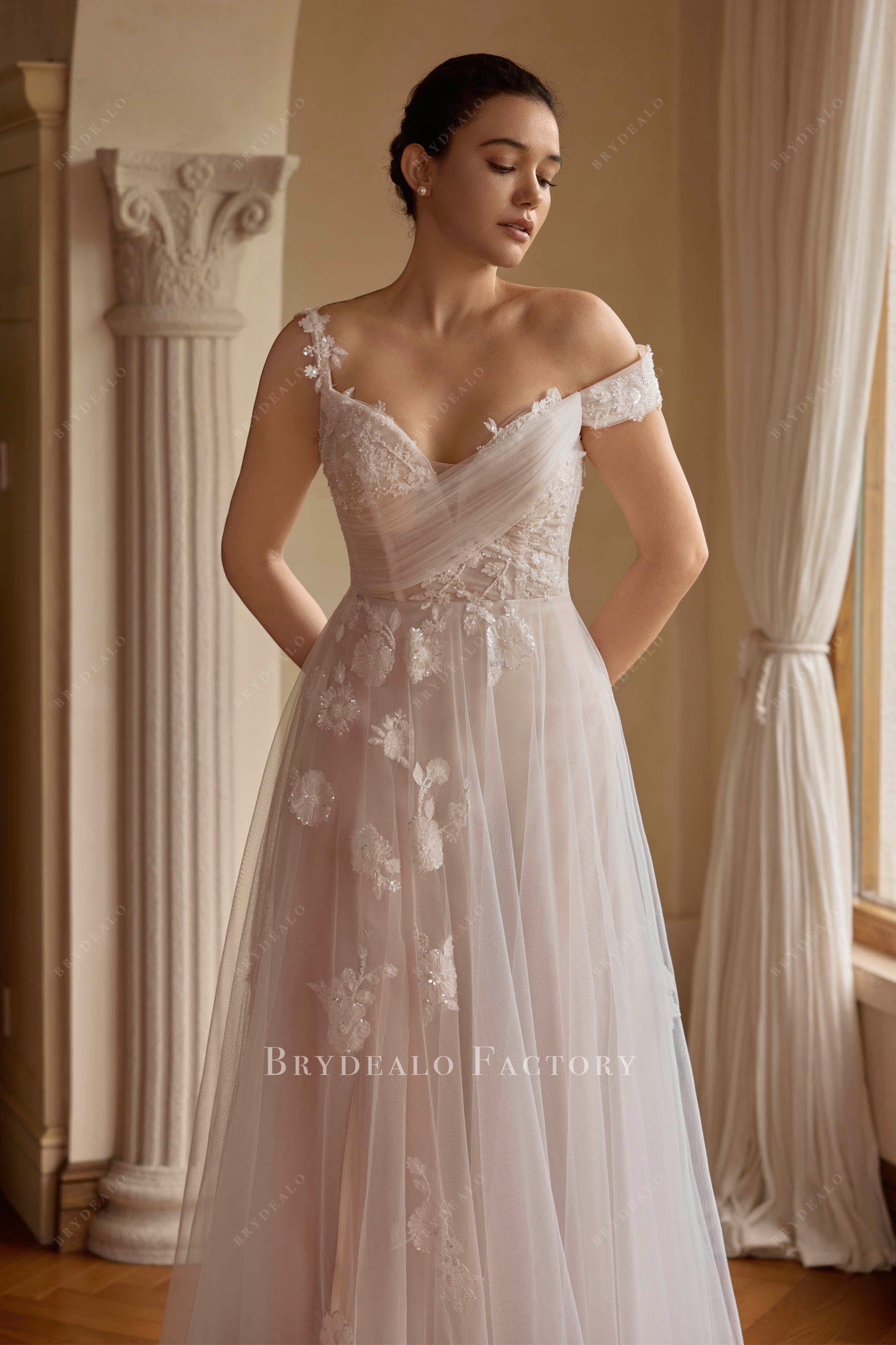 off-shoulder strap lace wedding dress