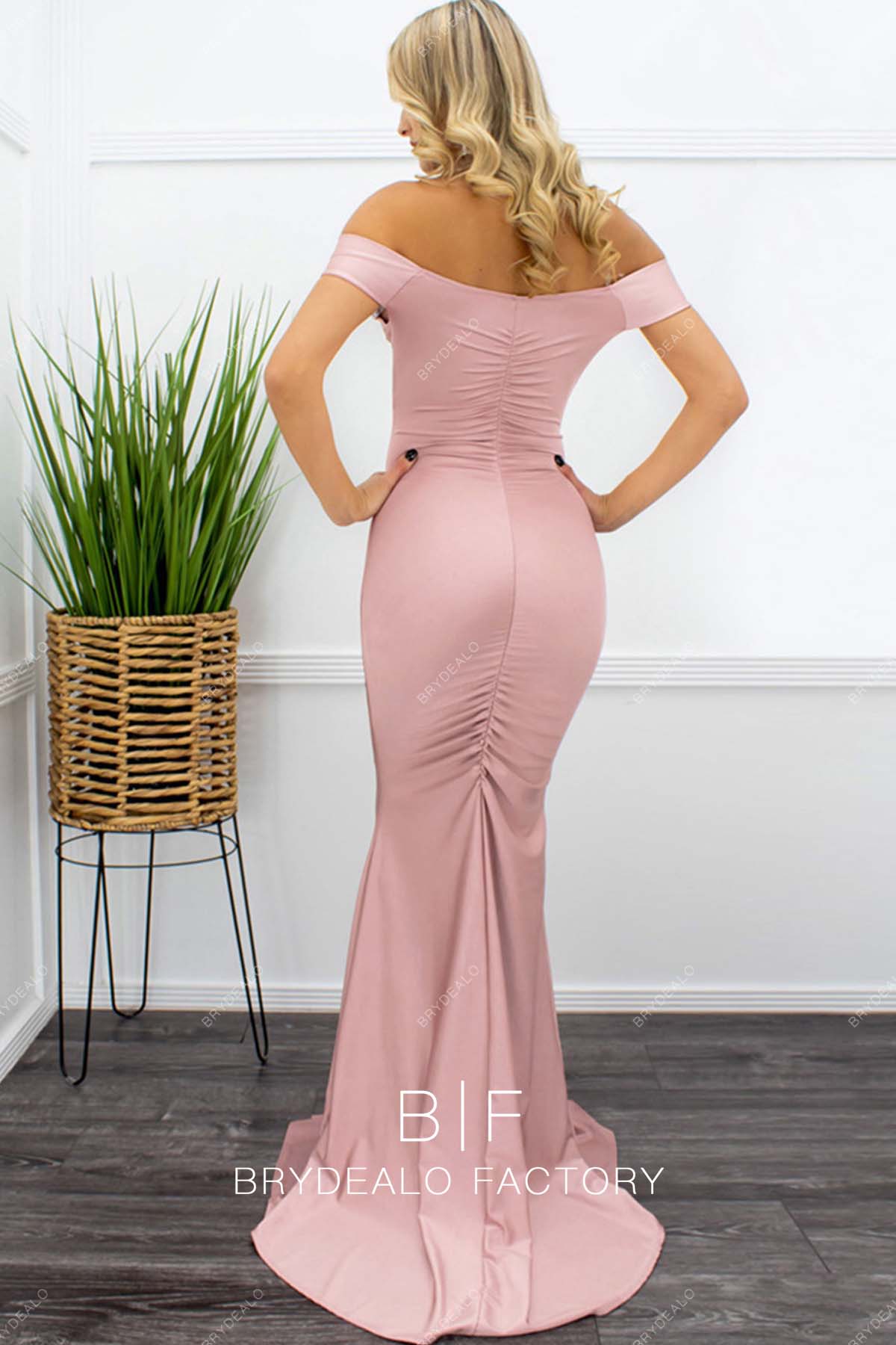 Nude Pink Off-shoulder Jersey Sweep Train Bridesmaid Dress