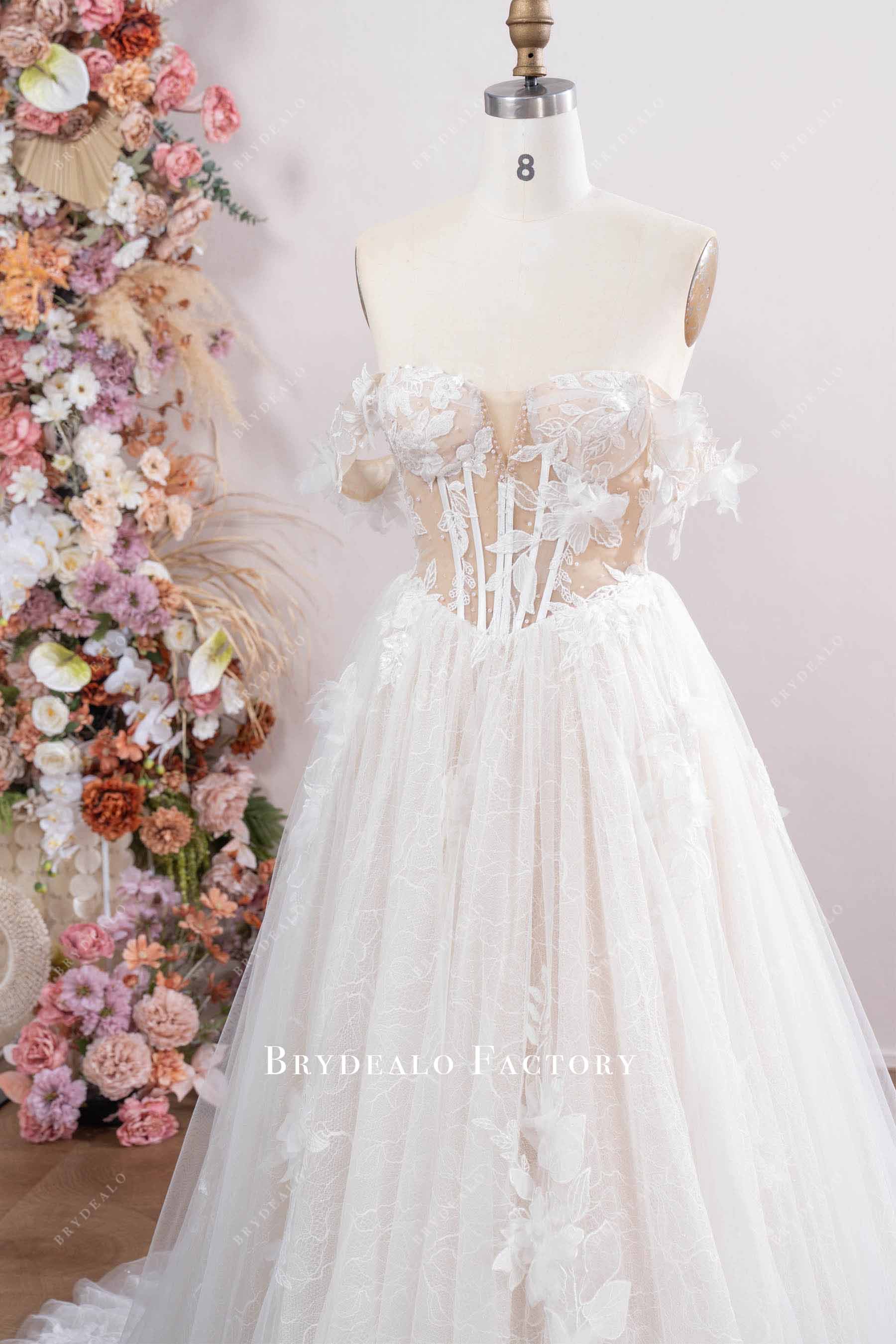 Nude Beige Corset Floral Lace Tulle Aline Wedding Dress