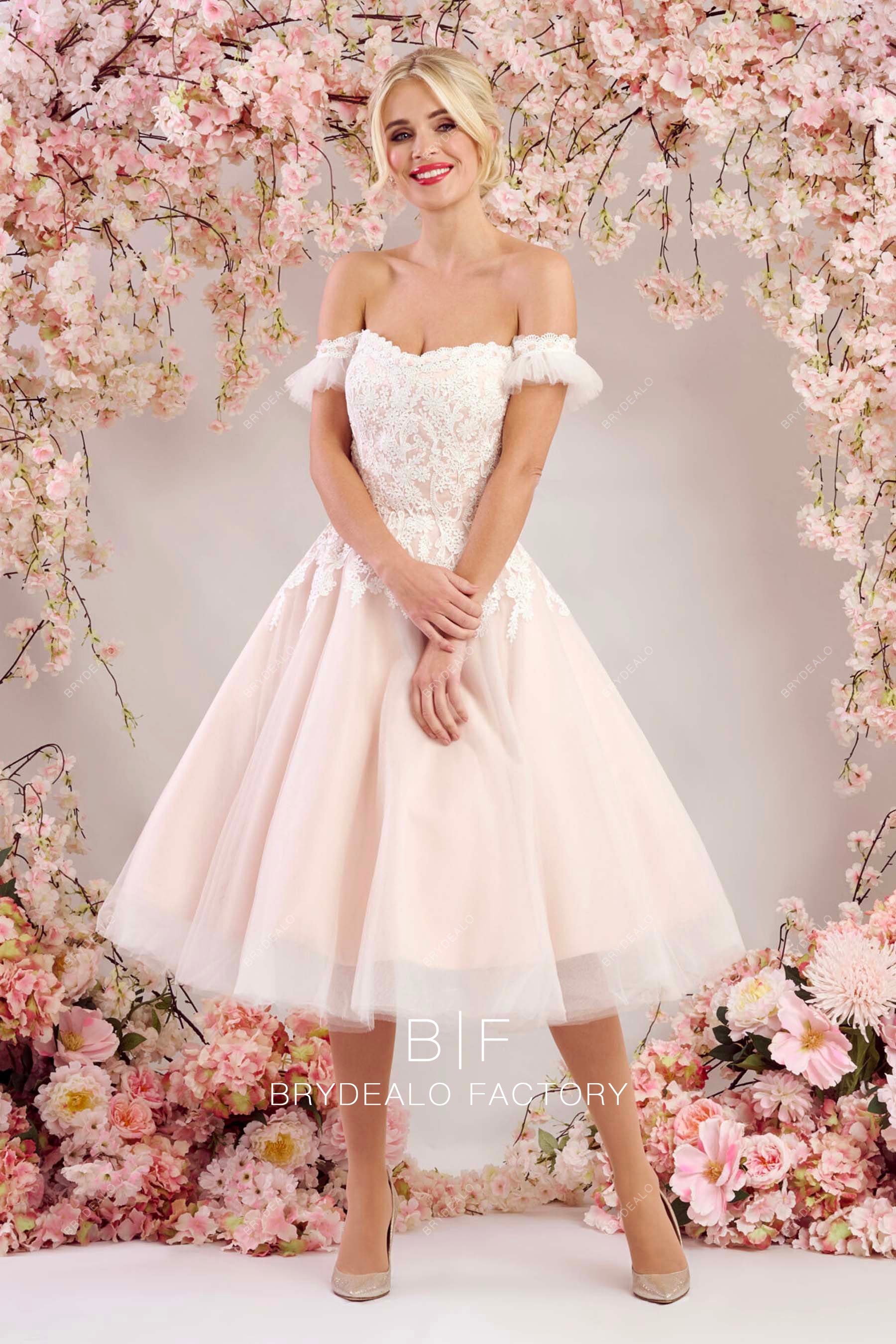 off shoulder tea length bridal dress