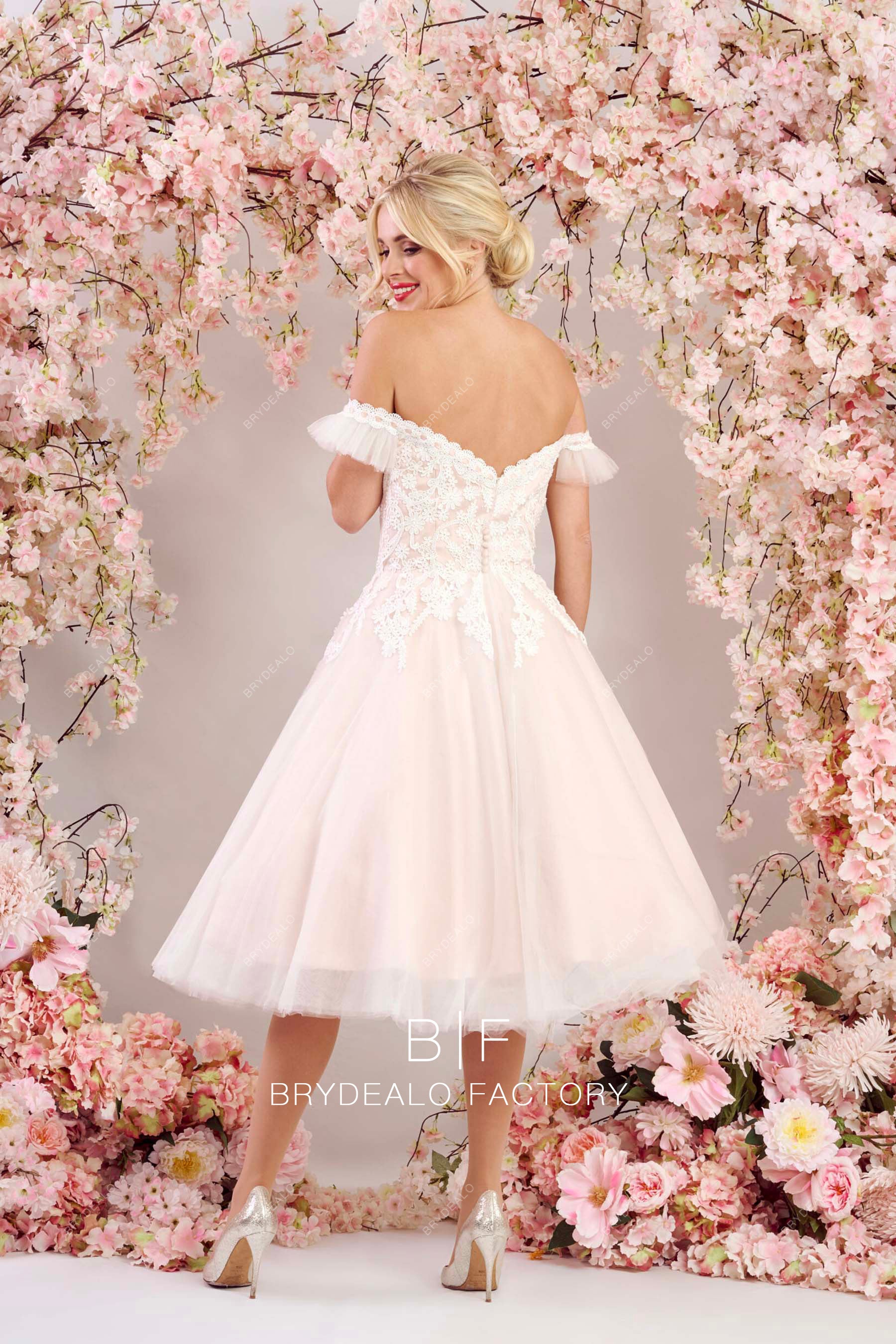 off shoulder tea length bridal gown