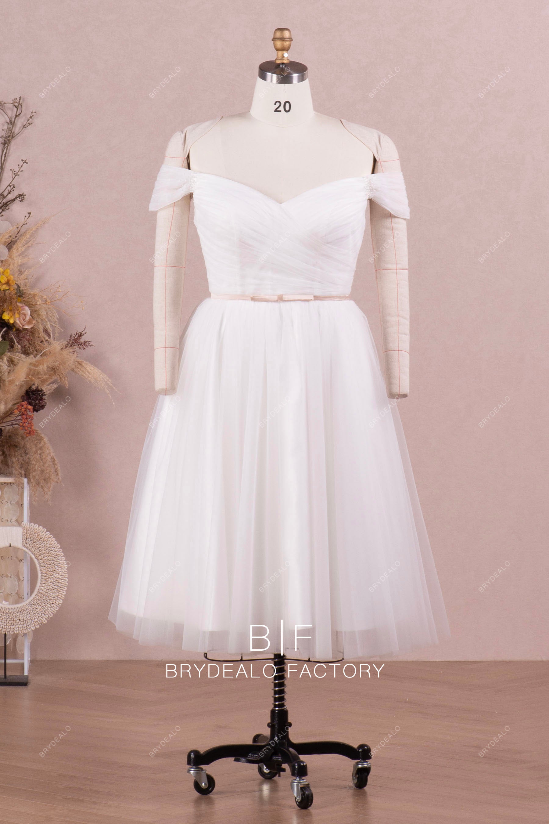 off shoulder tea length wedding dress