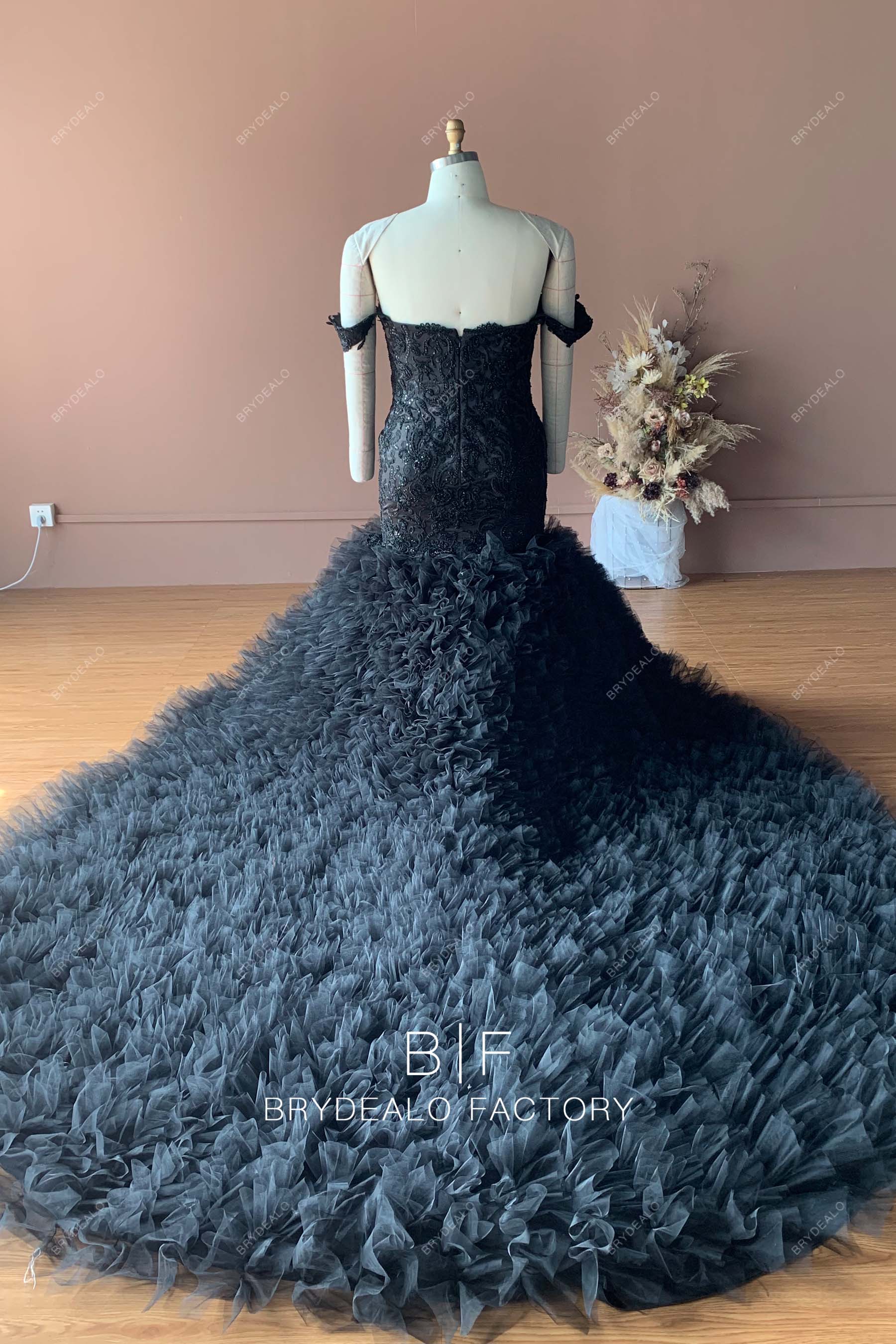 long train ruffled trumpet black wedding dress