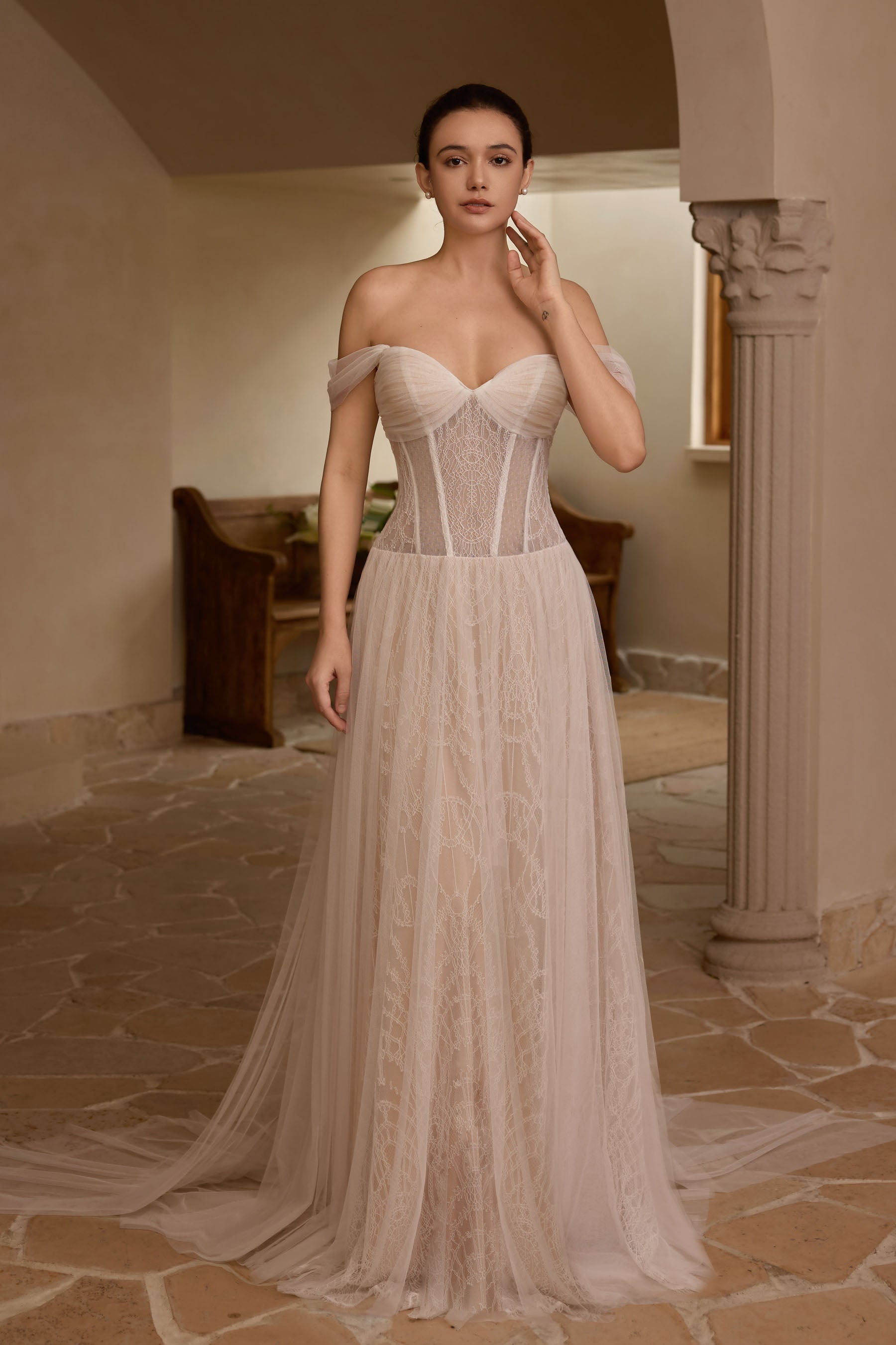 off-shoulder tulle sweetheart neck wedding gown