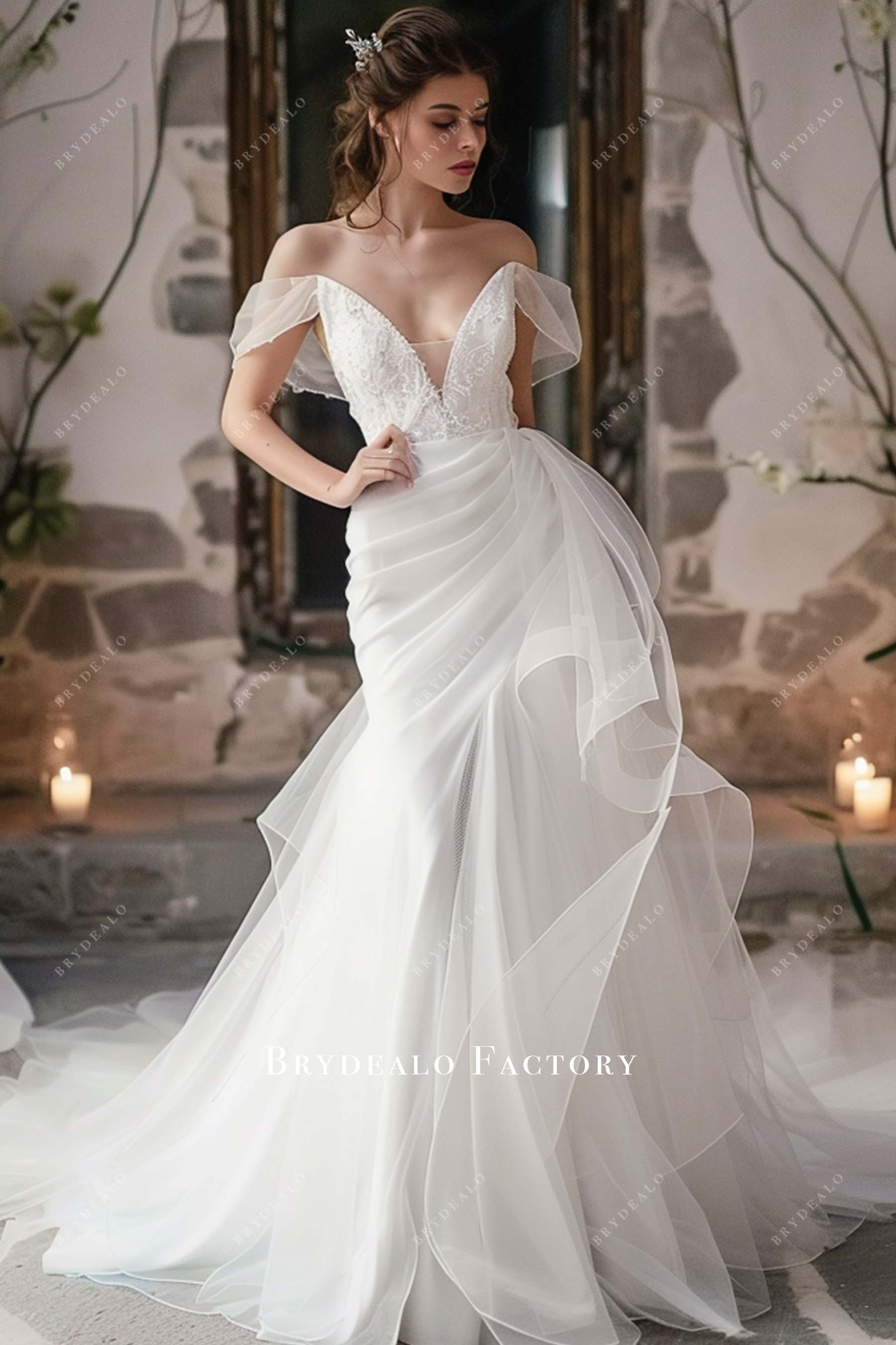 Plunging Off Shoulder Gorgeous Lace Mermaid Wedding Dress
