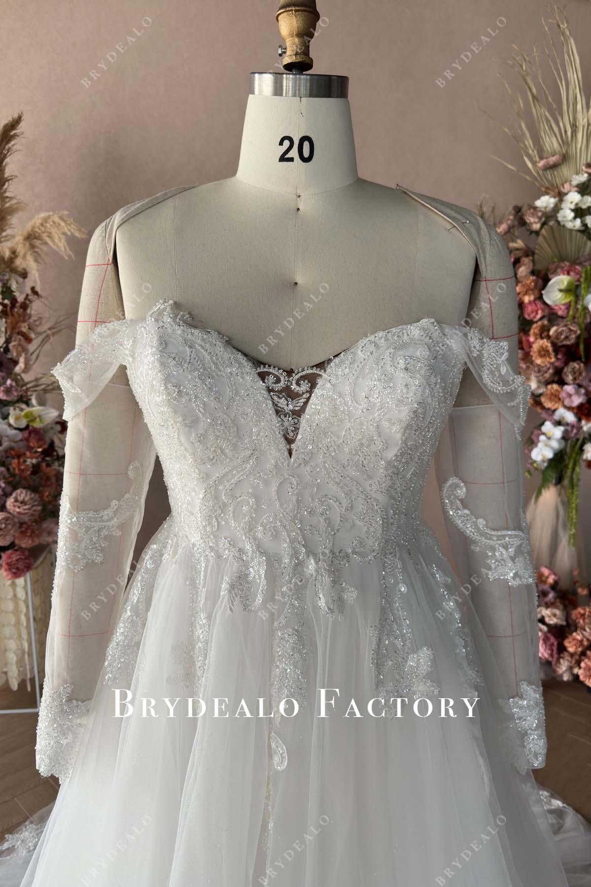 off shoulder sweetheart neck wedding gown