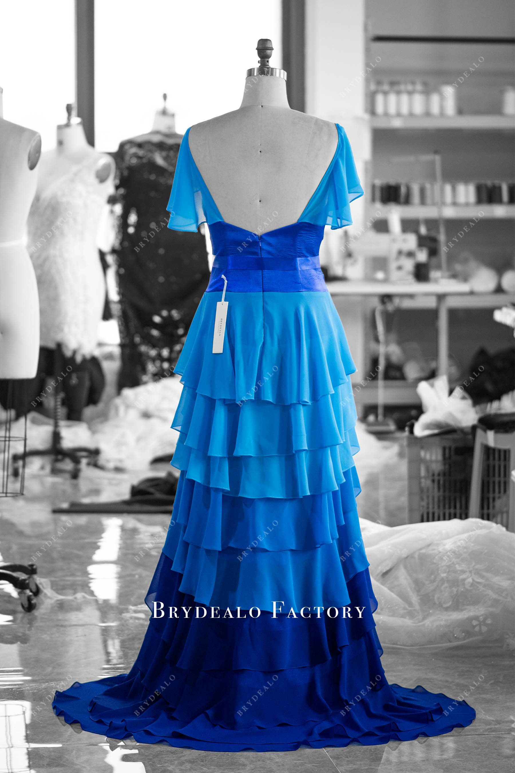 Ombre Royal Blue Flutter Sleeve Tiered Formal Dress