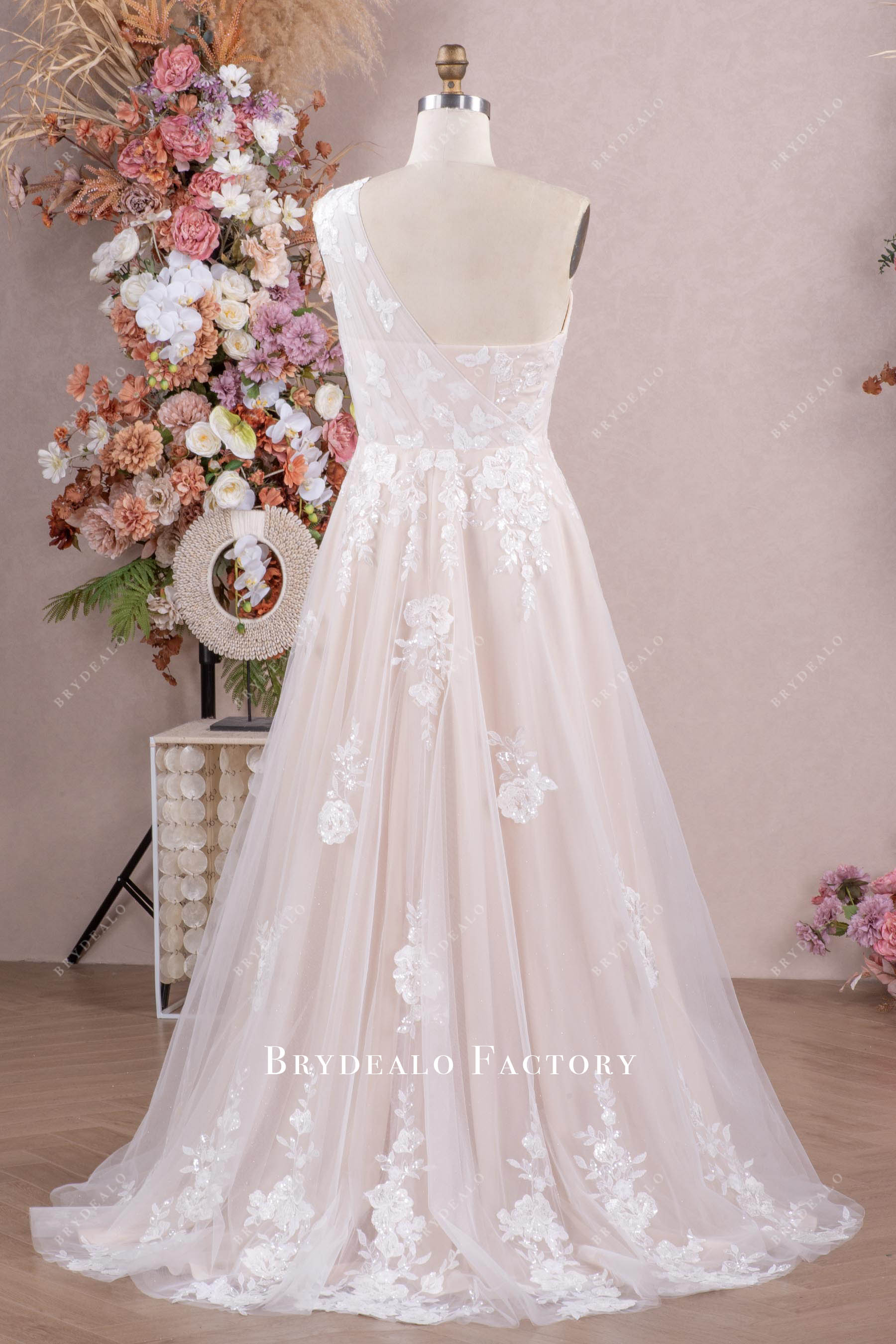 one-shoulder court train lace A-line wedding dress