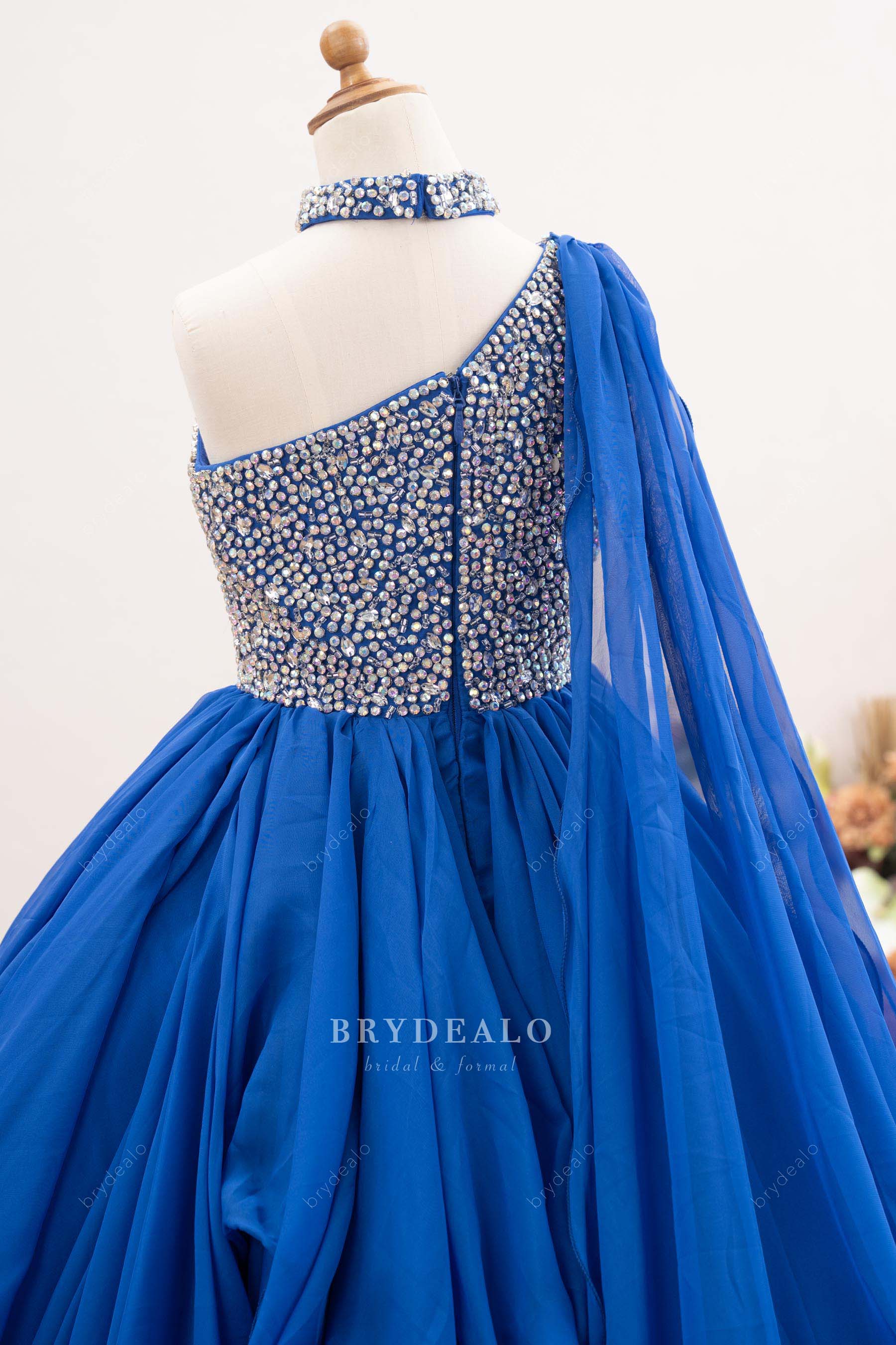 one shoulder flowing shoulder veil kids pageant gown