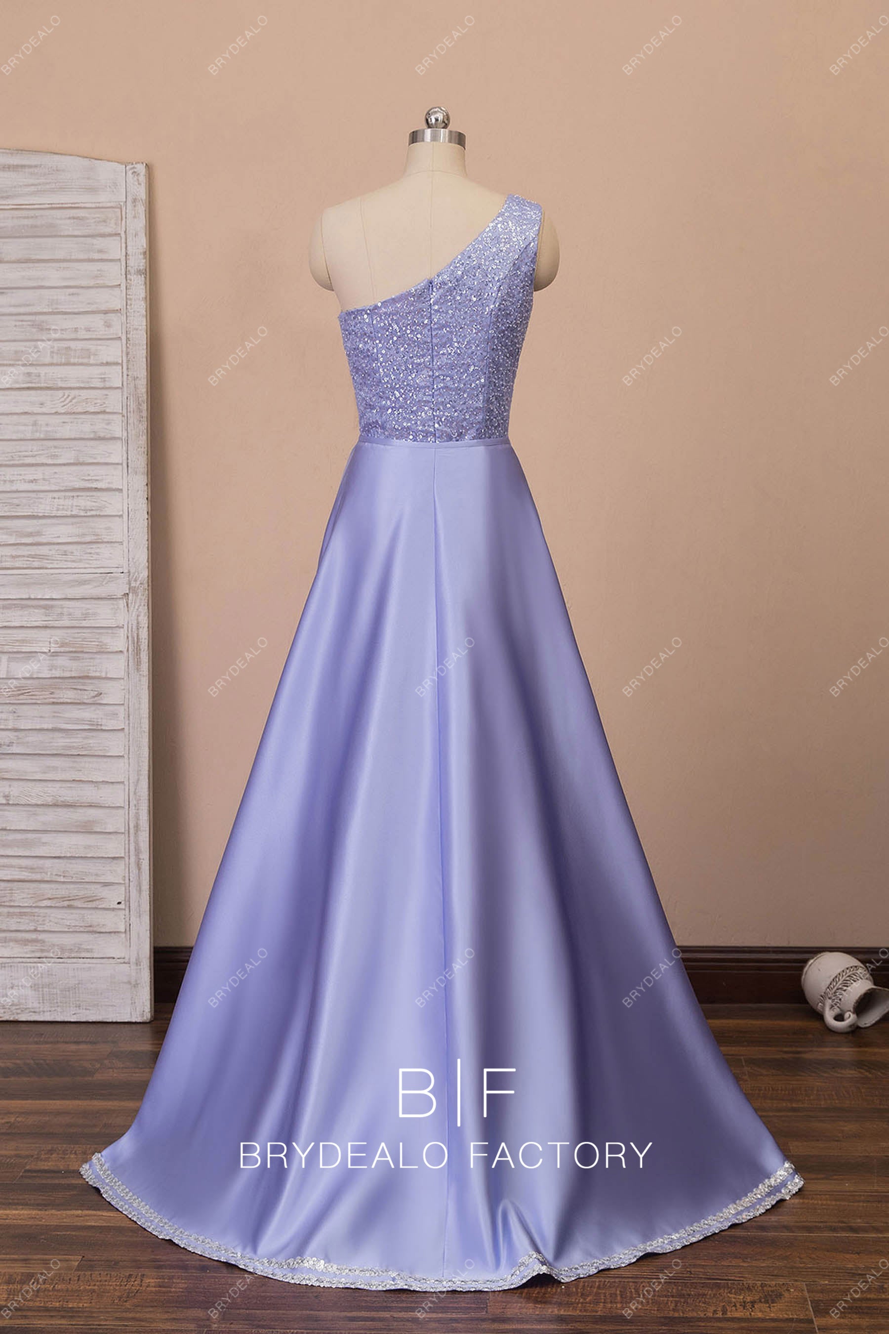 one shoulder formal dress with overskirt