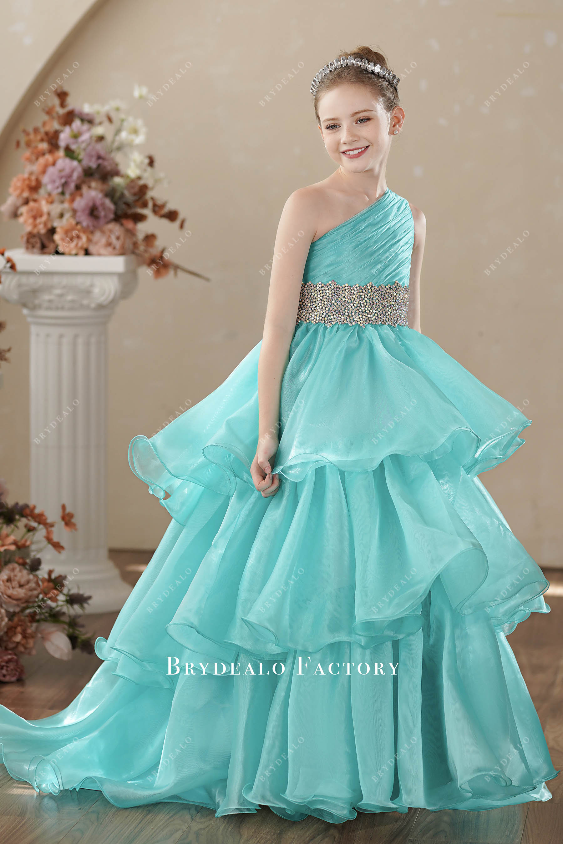 one shoulder kids princess gown