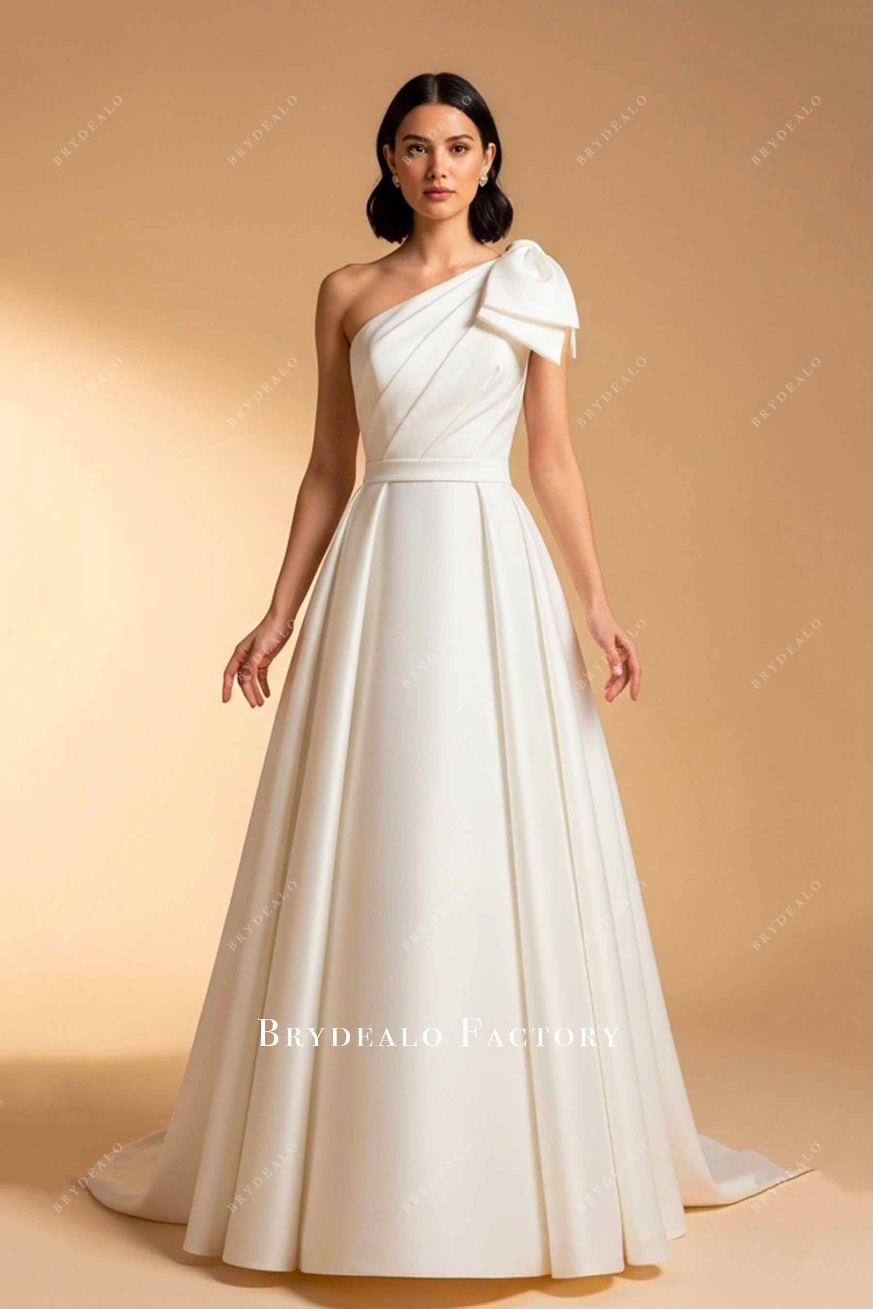 one-shoulder knot A-line mikado wedding dress