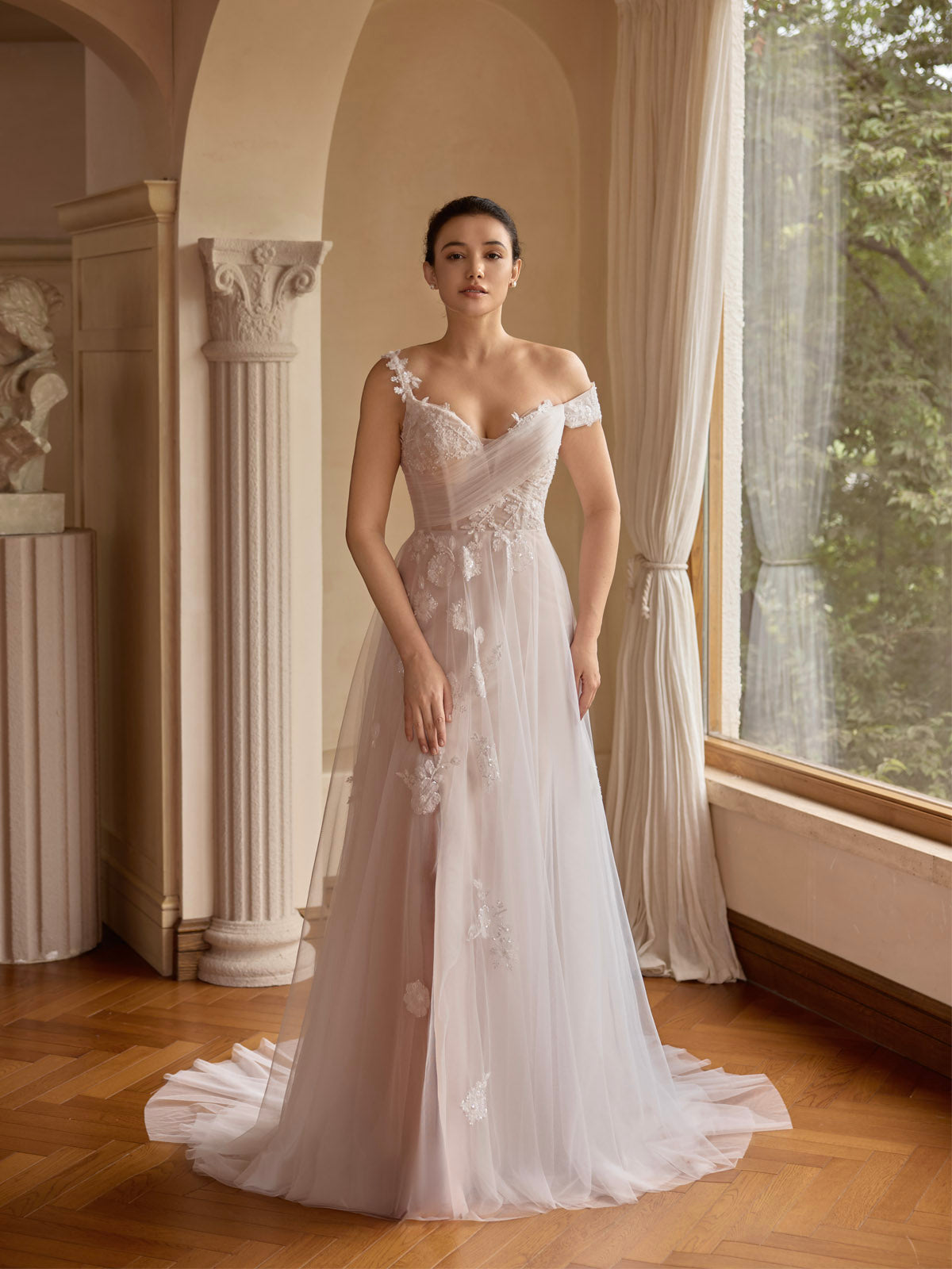 one-shoulder lace slit wedding dress