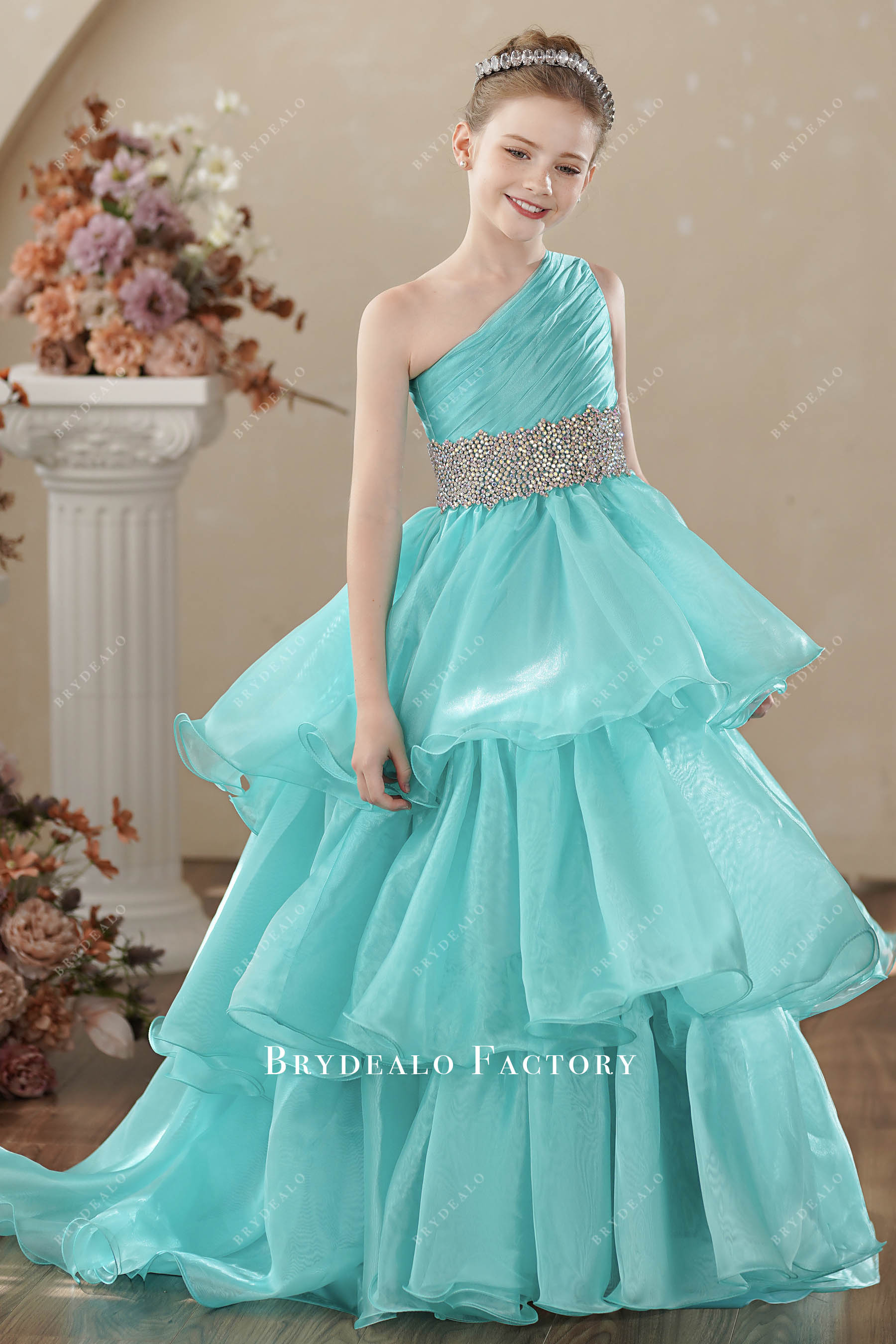 one shoulder layered junior pageant gown