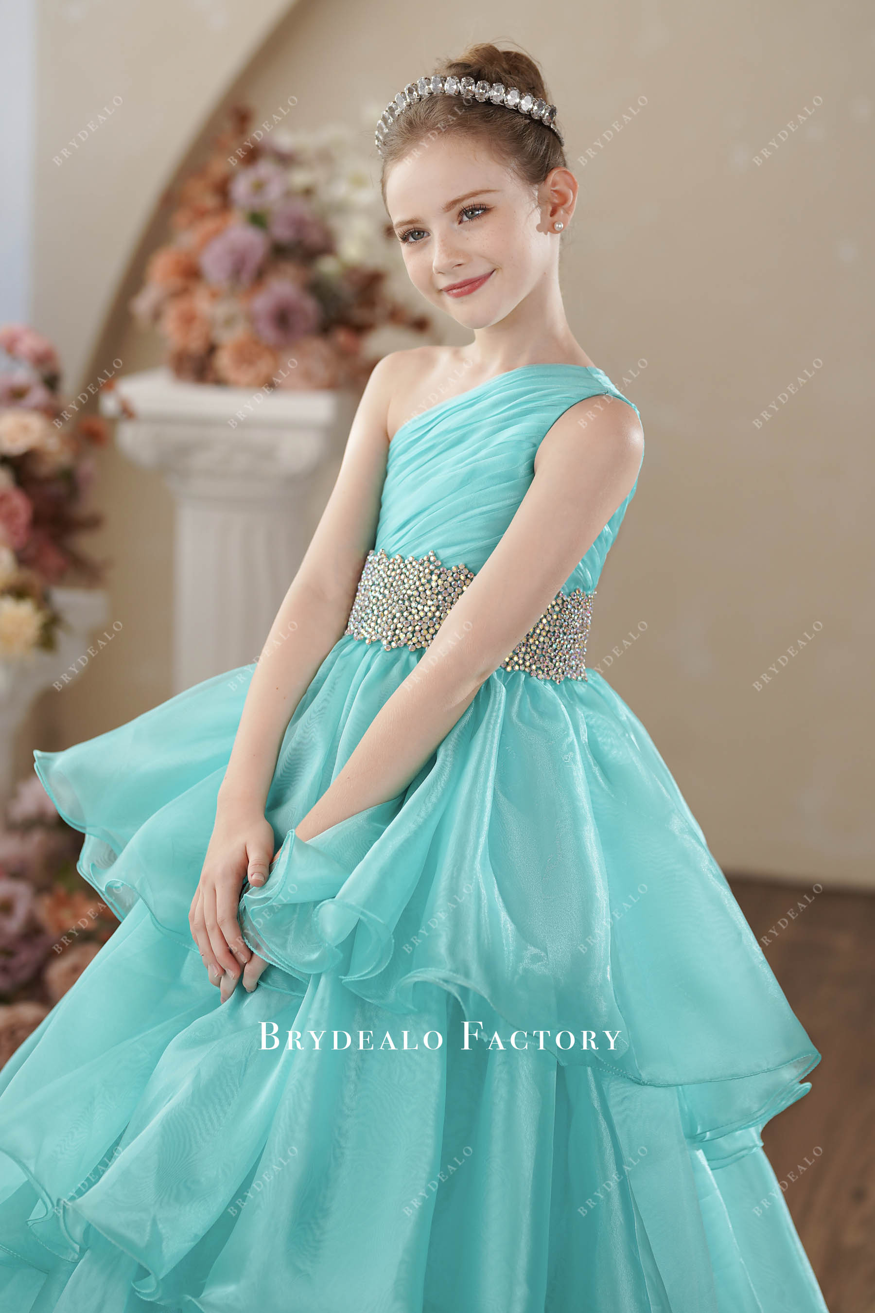 one shoulder pleated kids birthday dress