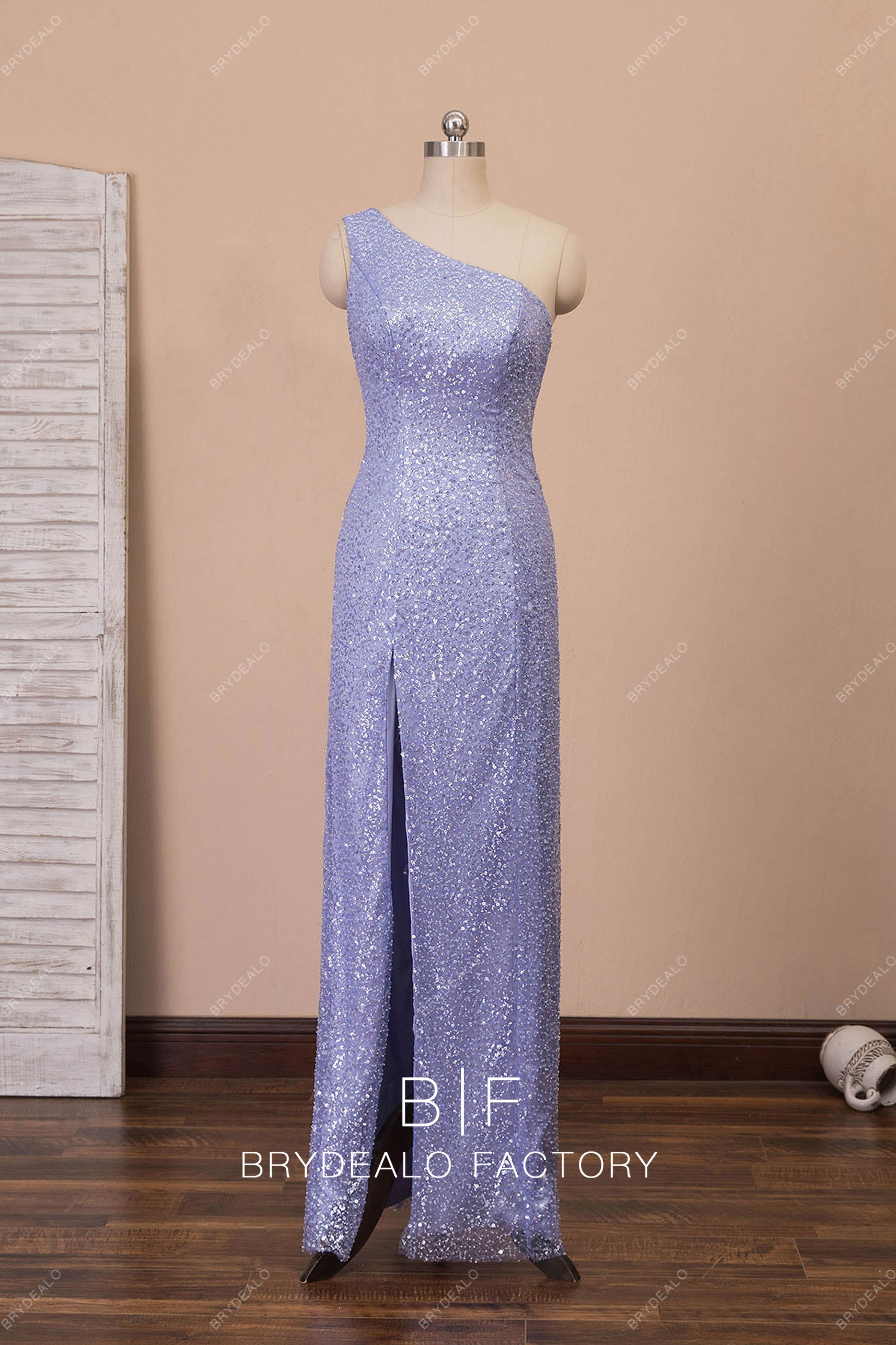 one shoulder sparkly high slit sheath dress