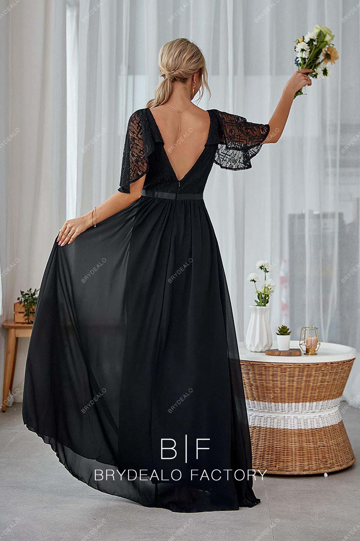 short sleeves black lace chiffon long bridesmaid gown