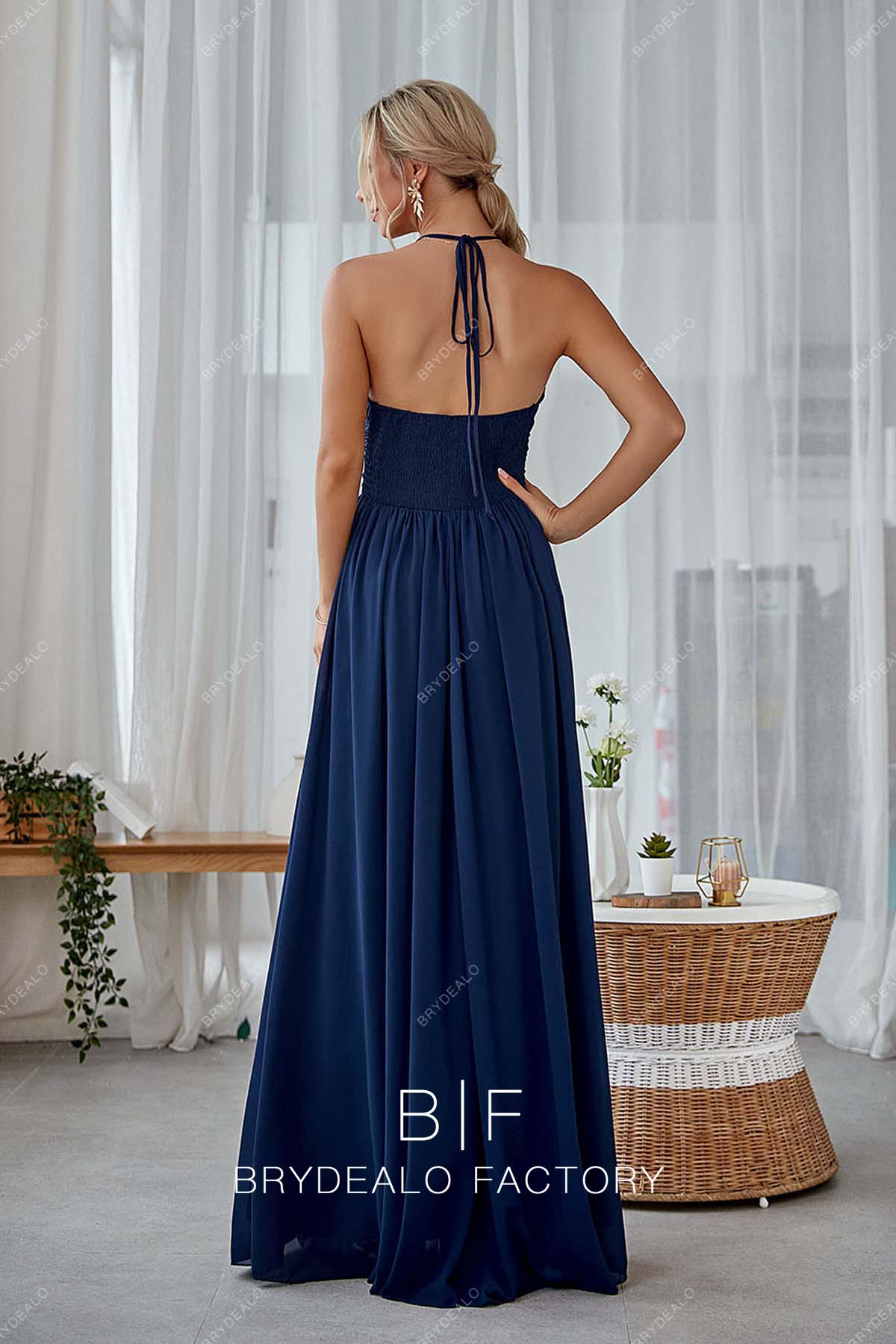 open back floor length navy blue long bridesmaid gown