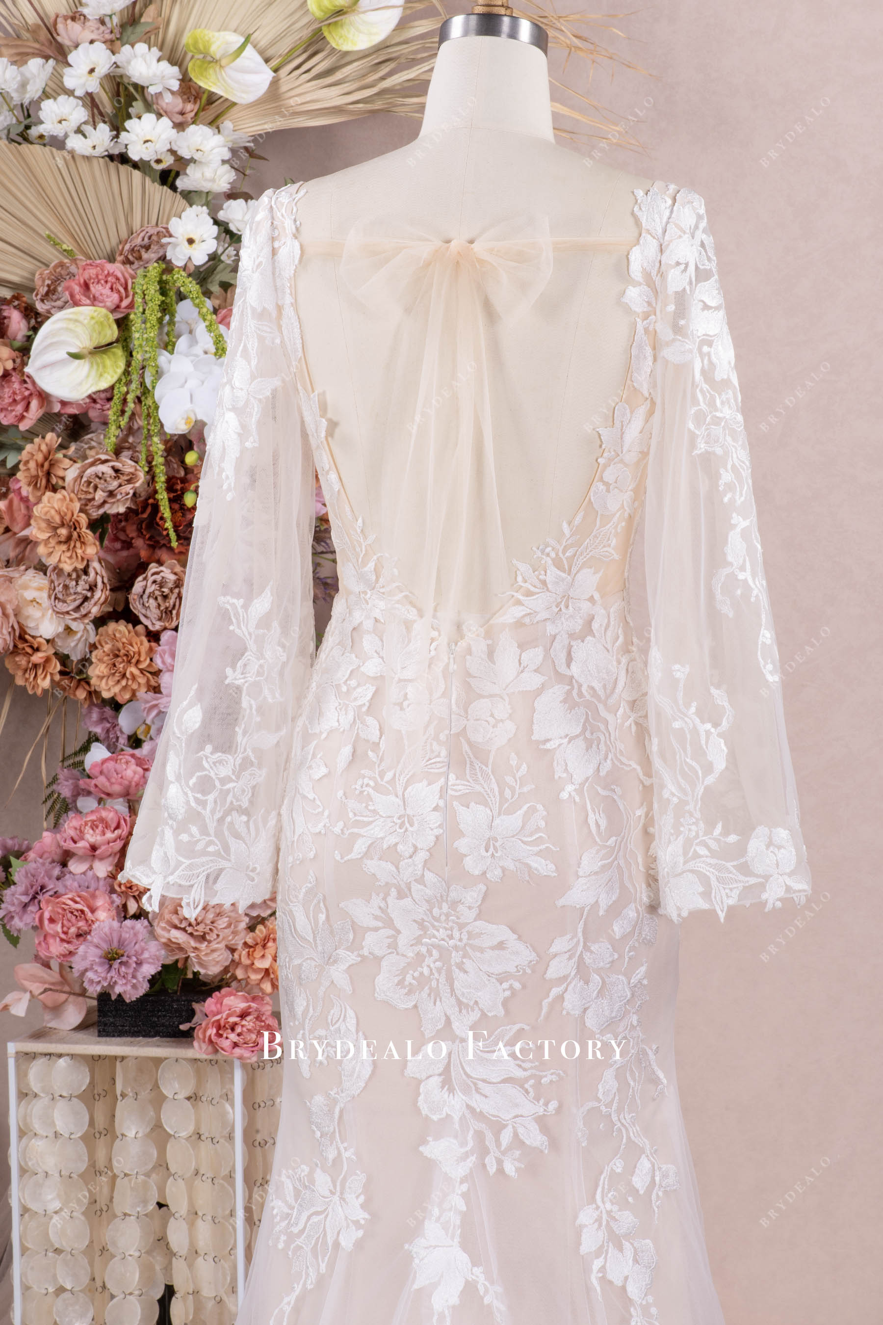 open back bell sleeve wedding dress