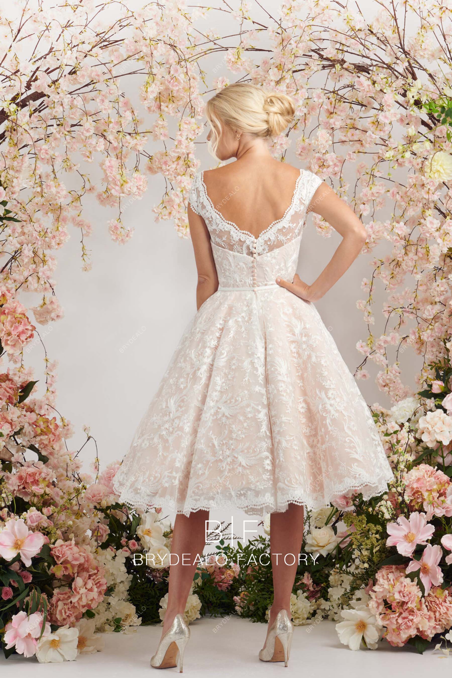 open back blush tea length bridal dress