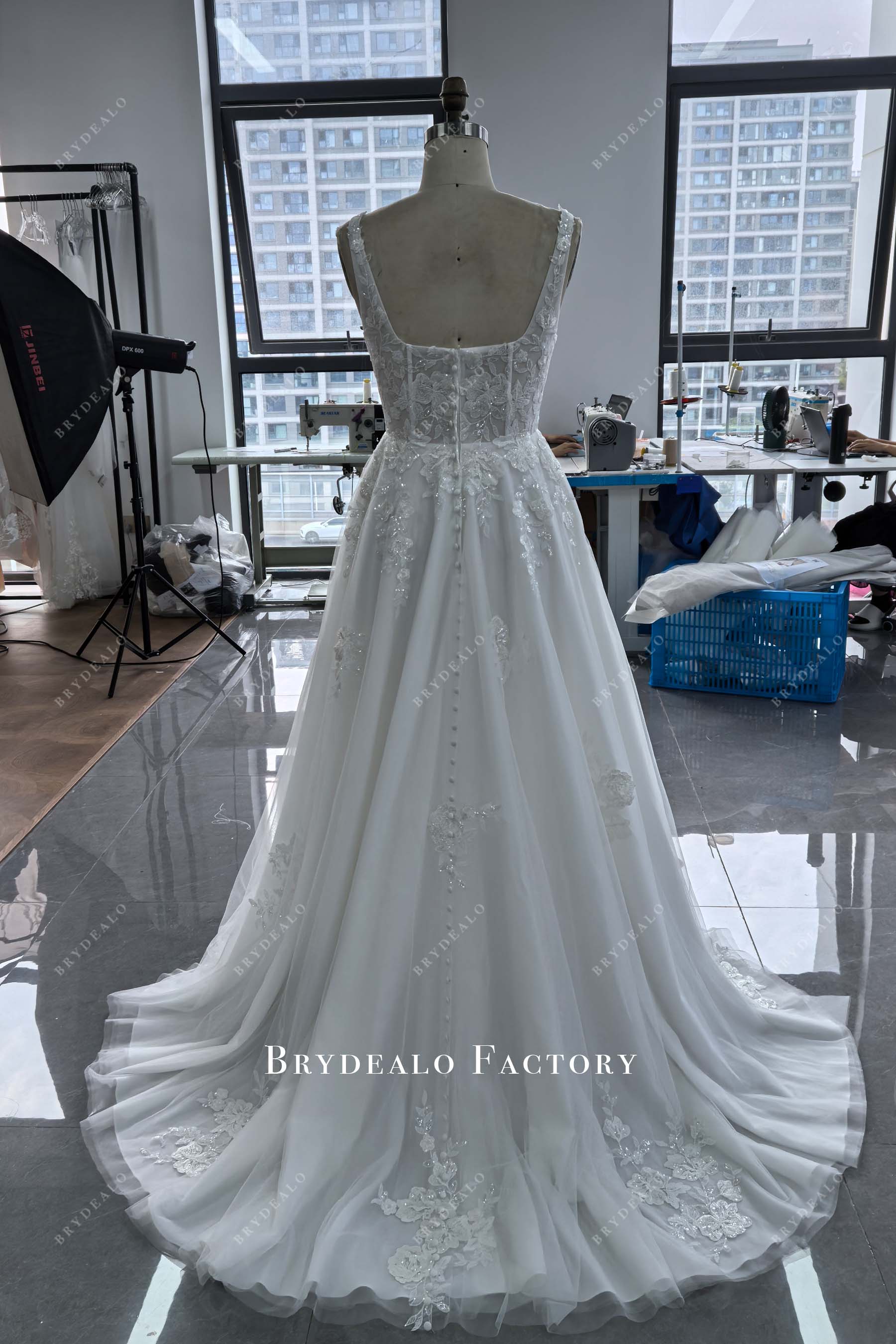 open back buttons court train tailored wedding dress
