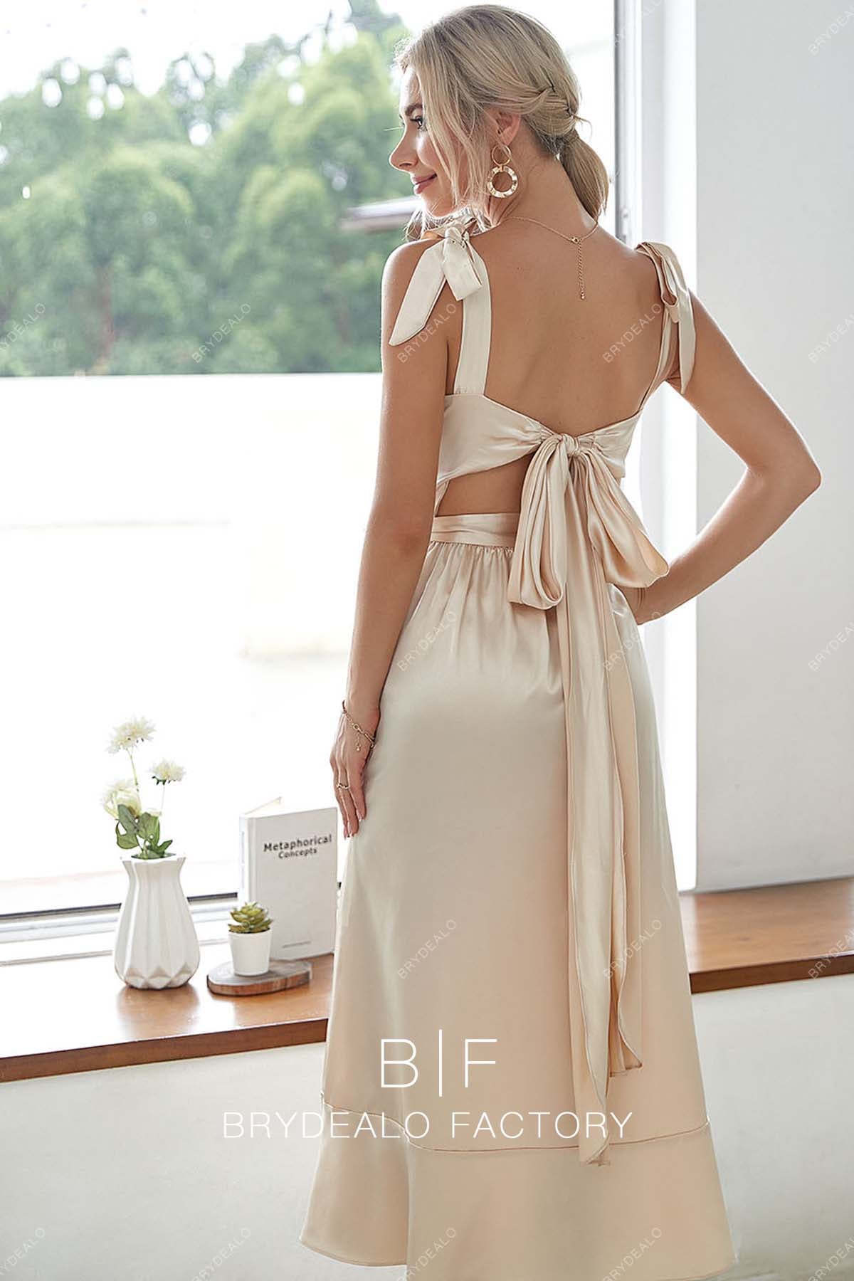 Champagne Open Back Shoulder Tie Charmeuse Bridesmaid Dress