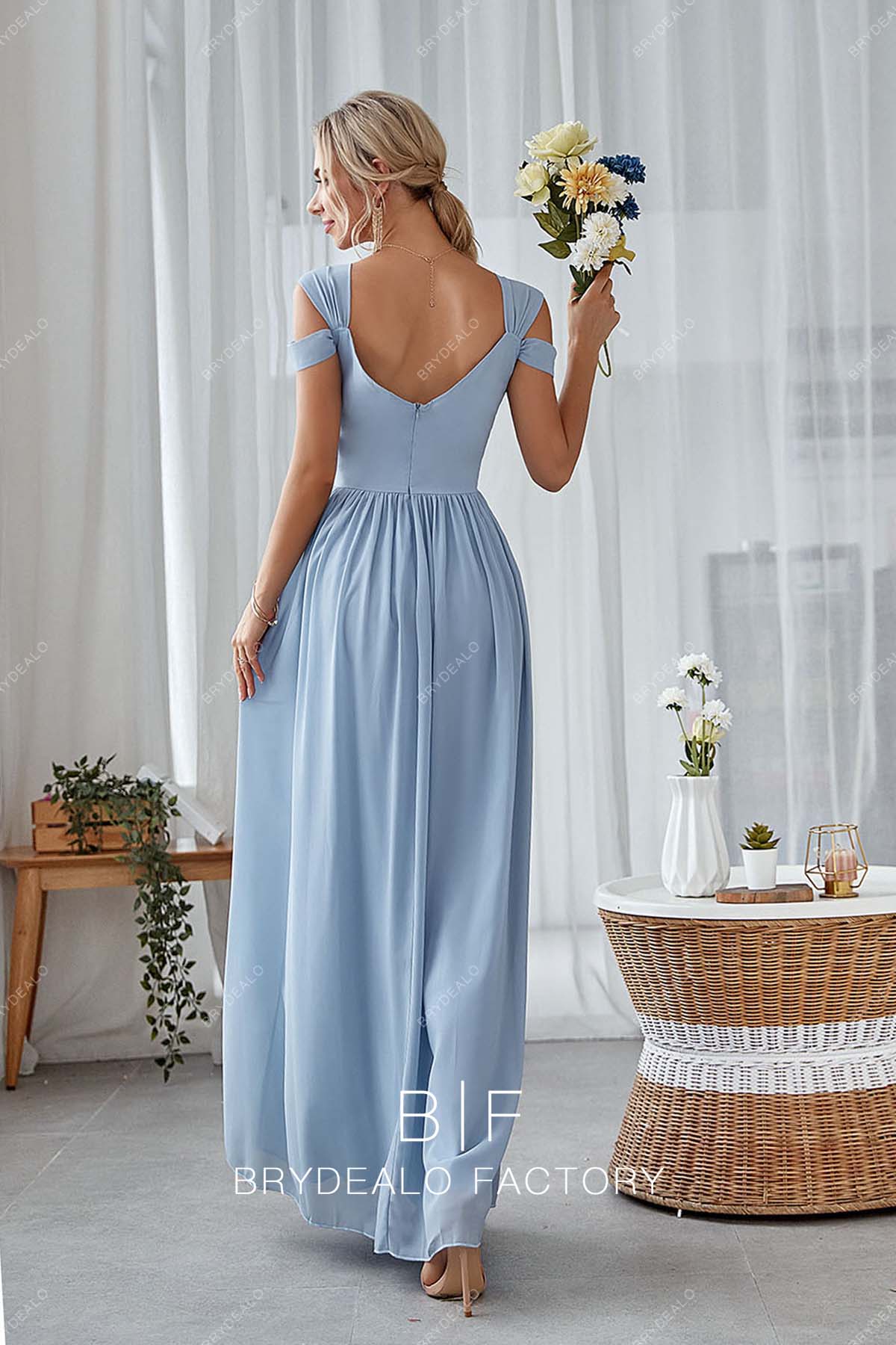 open back floor length blue bridesmaid dress