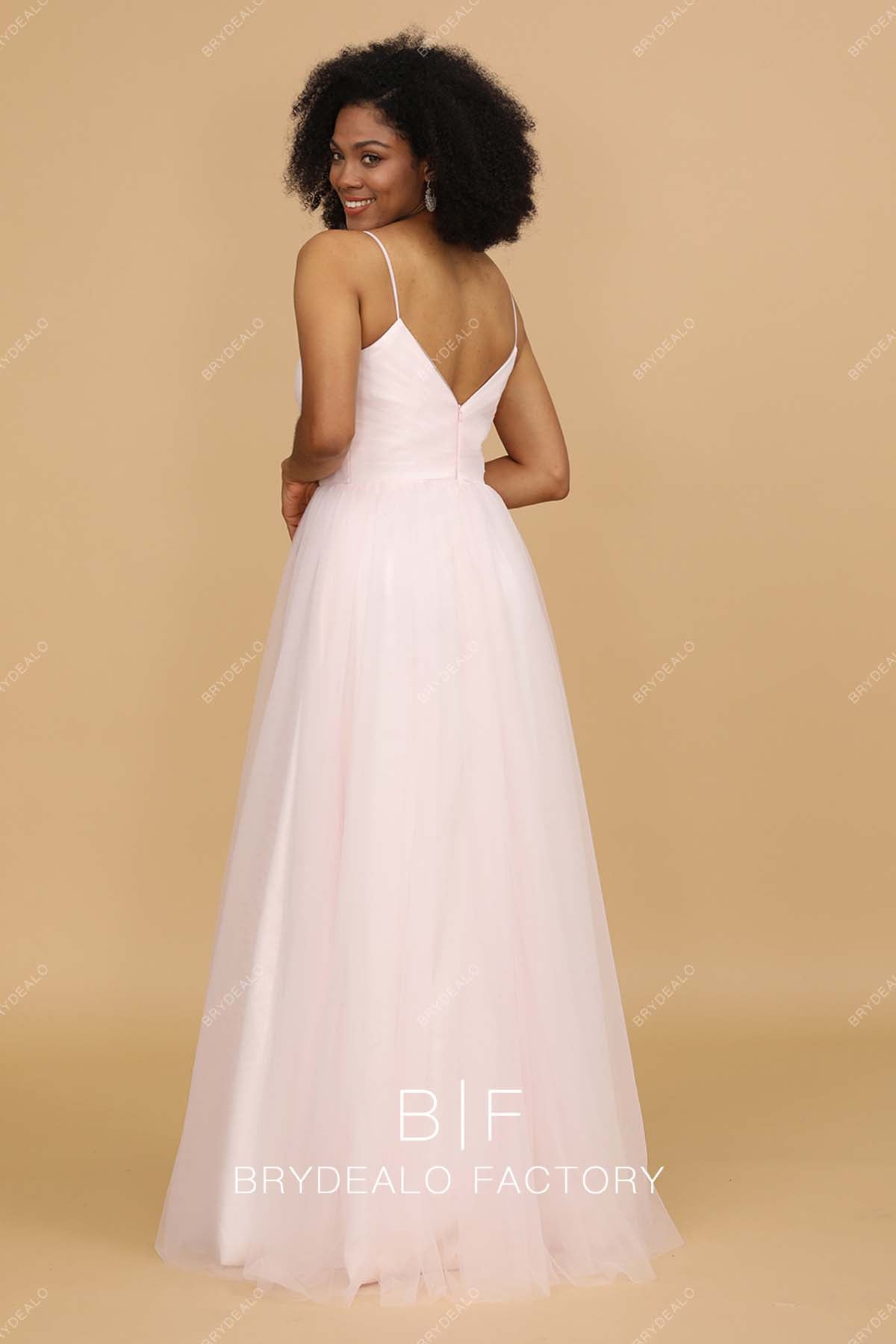 open back floor length blush pink bridesmaid gown