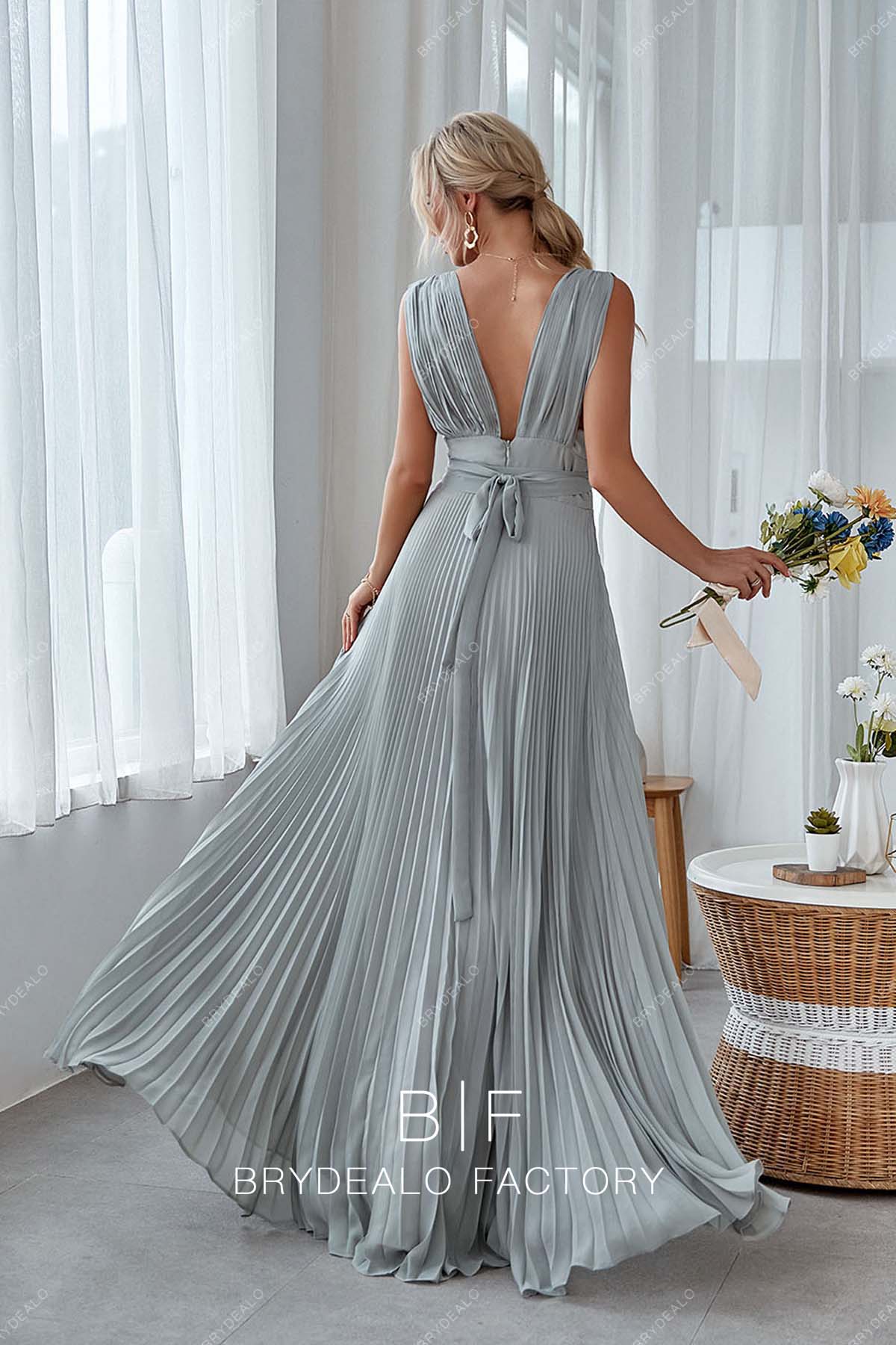 open back silver floor length chiffon bridesmaid dress