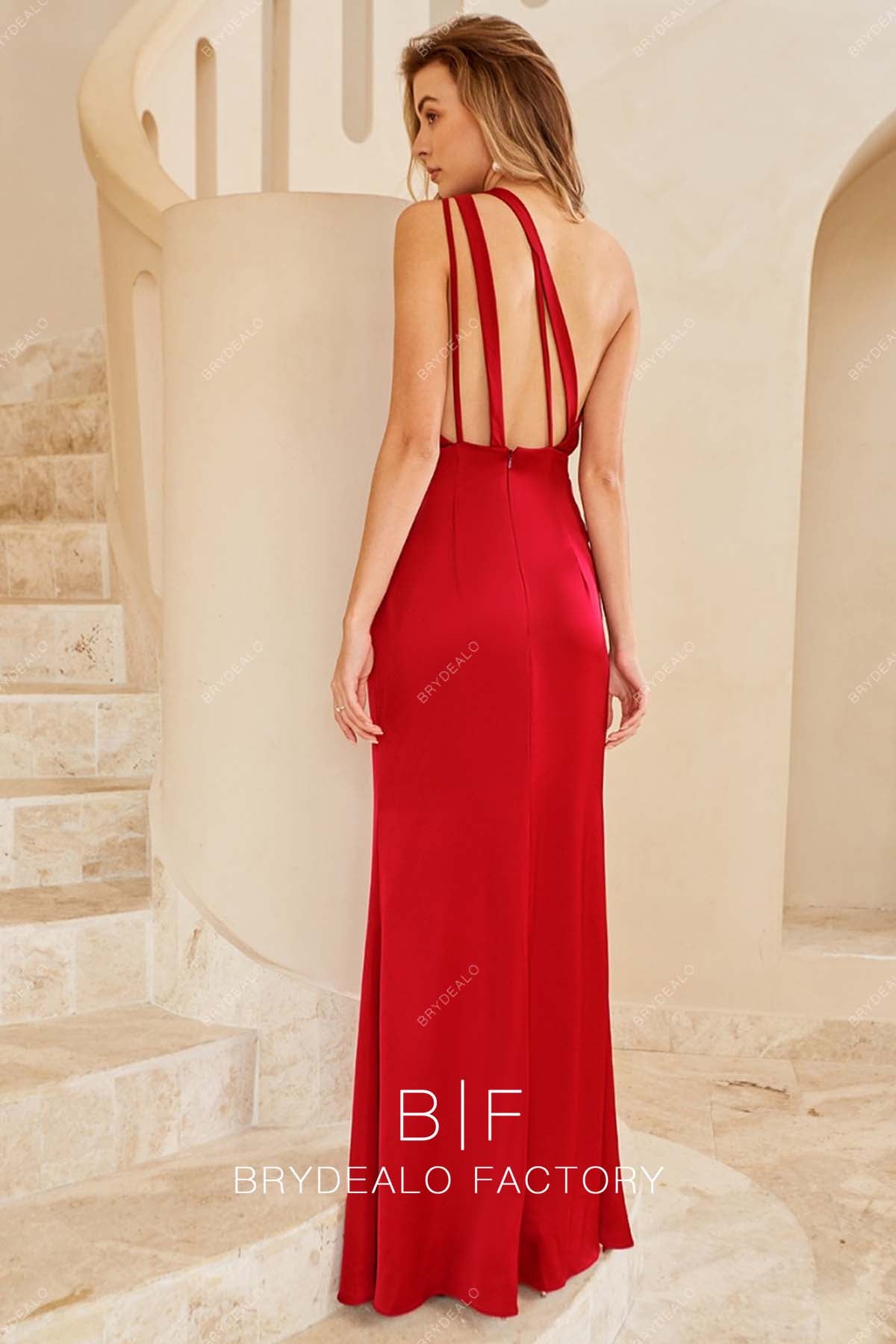 open back floor length sheath red bridesmaid dress