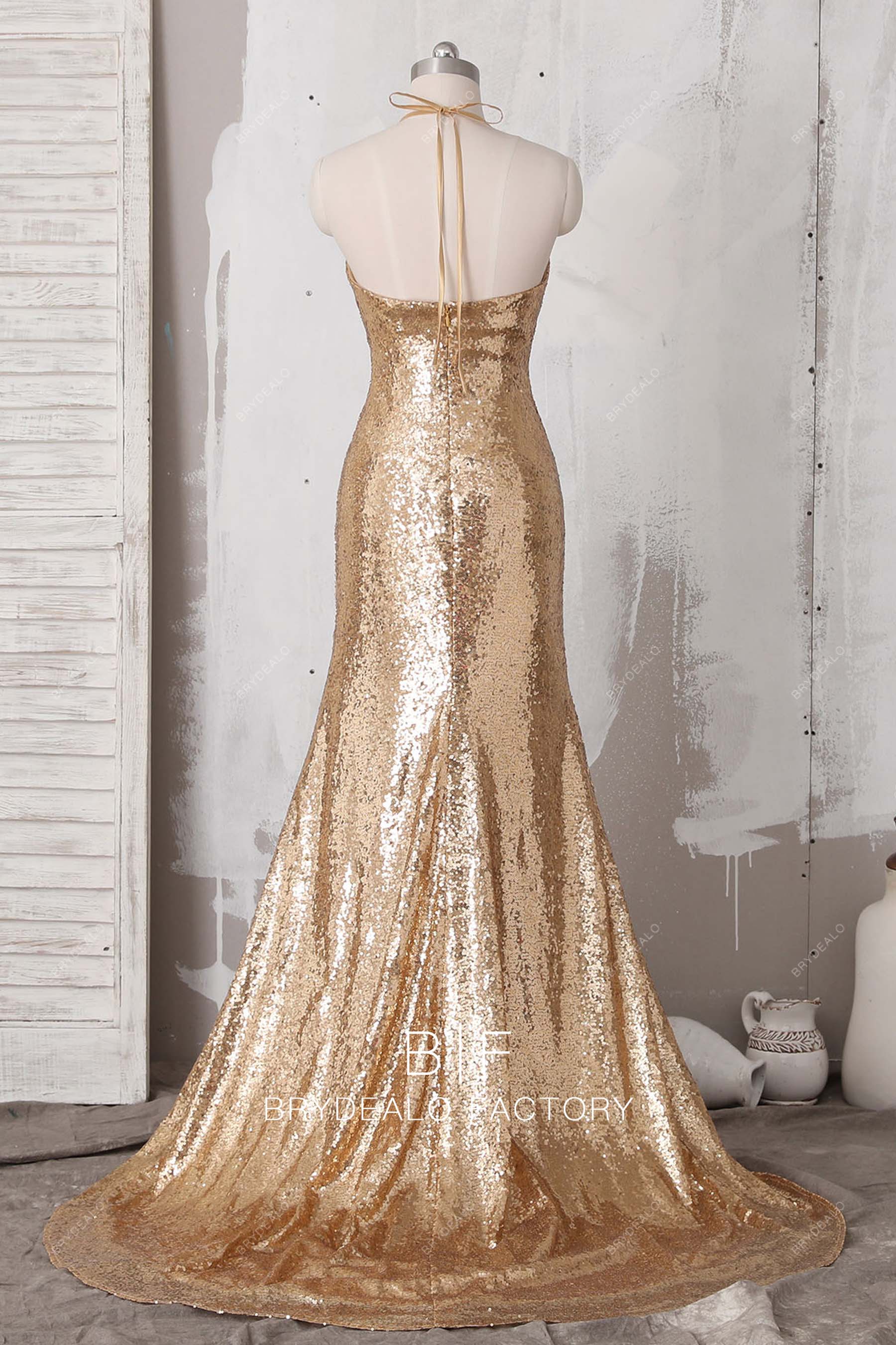 open back gold sequin court train formal dress