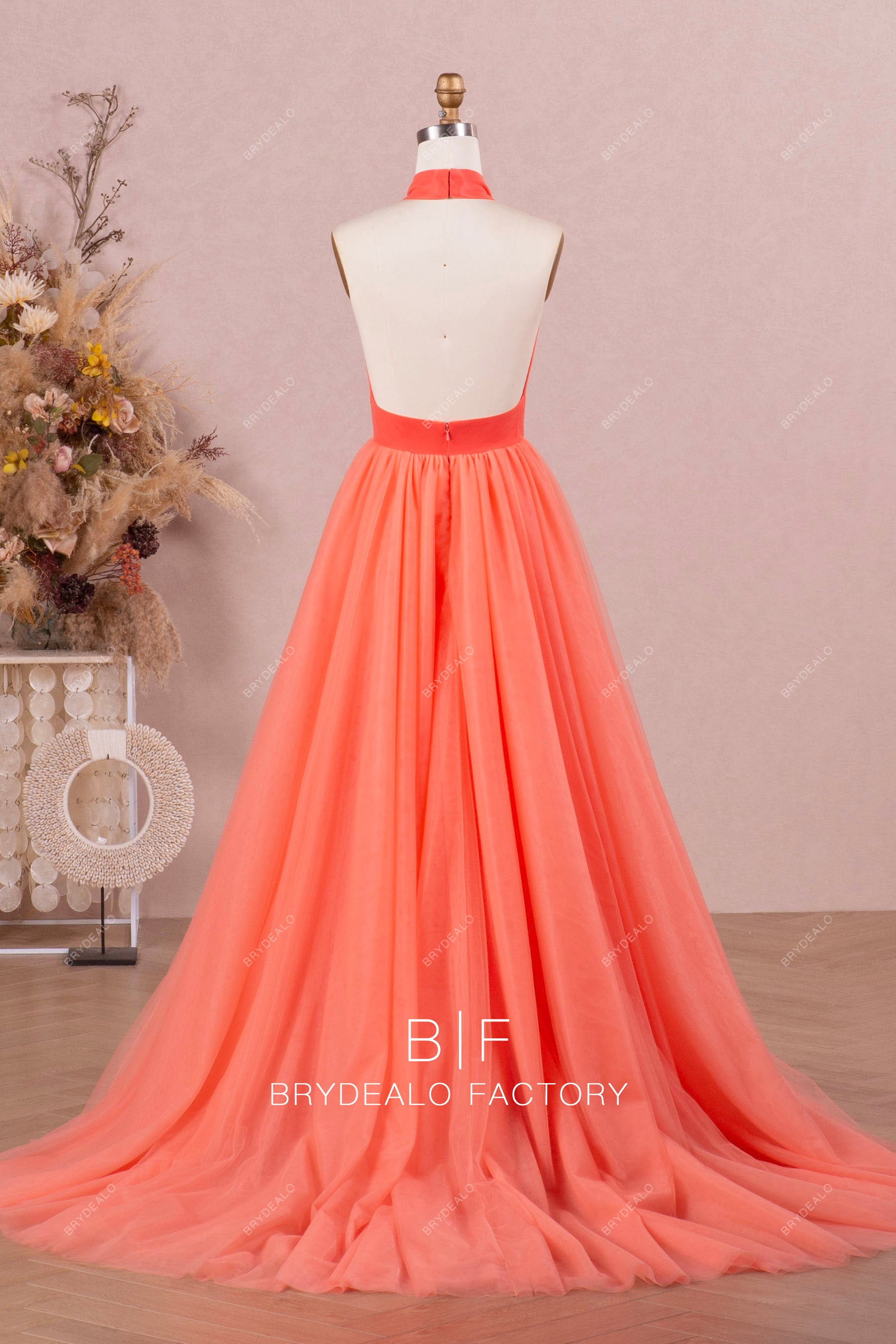 open back long tulle prom dress