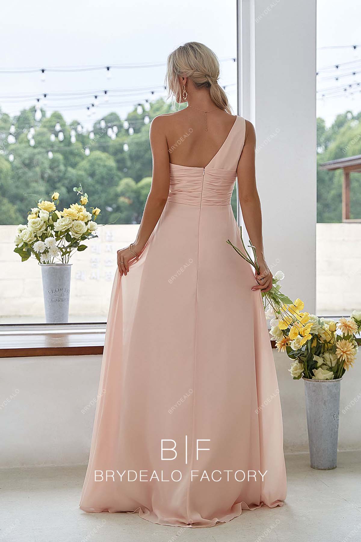 open back sleeveless A-line peach bridesmaid dress