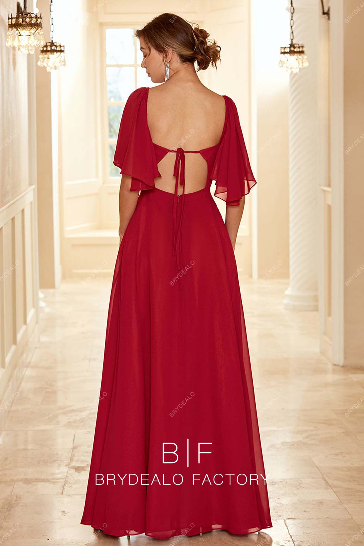 open back red chiffon floor length bridesmaid dress