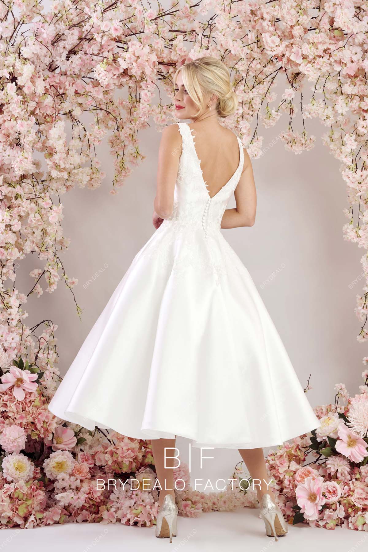 open back short satin vintage wedding gown