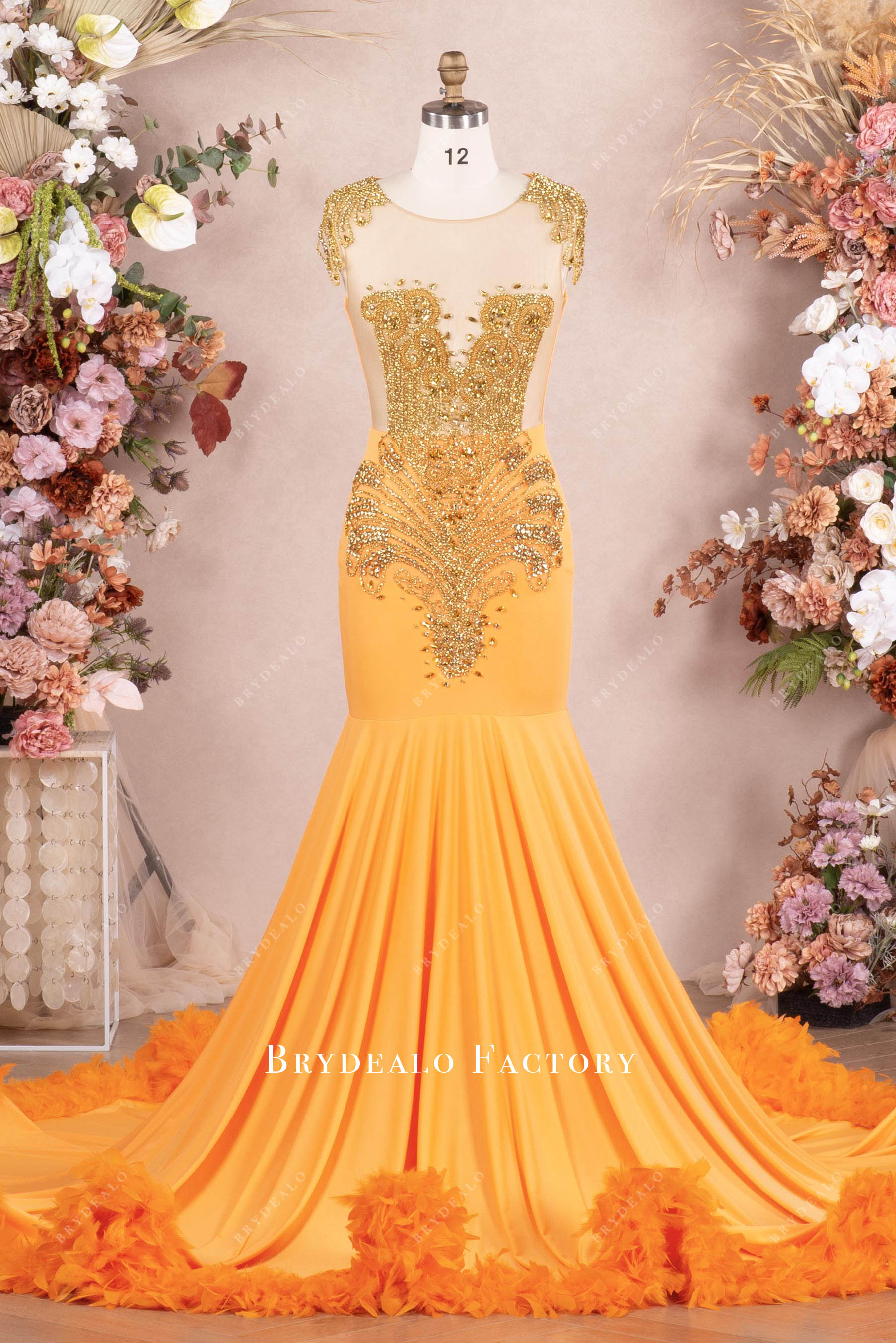 orange sparkly rhinestone feather prom dress