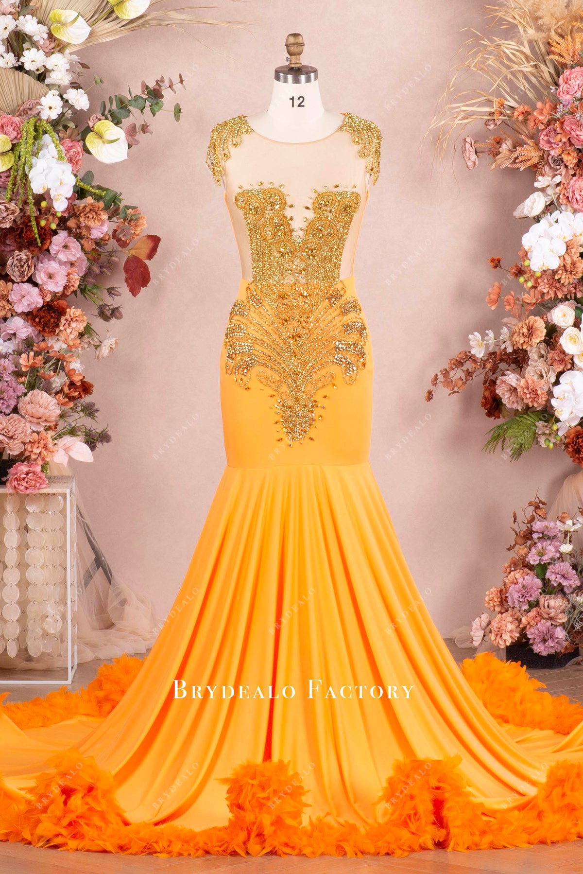 Crystals Sheer Orange Sequin Feather Designer Prom Gown main image 1