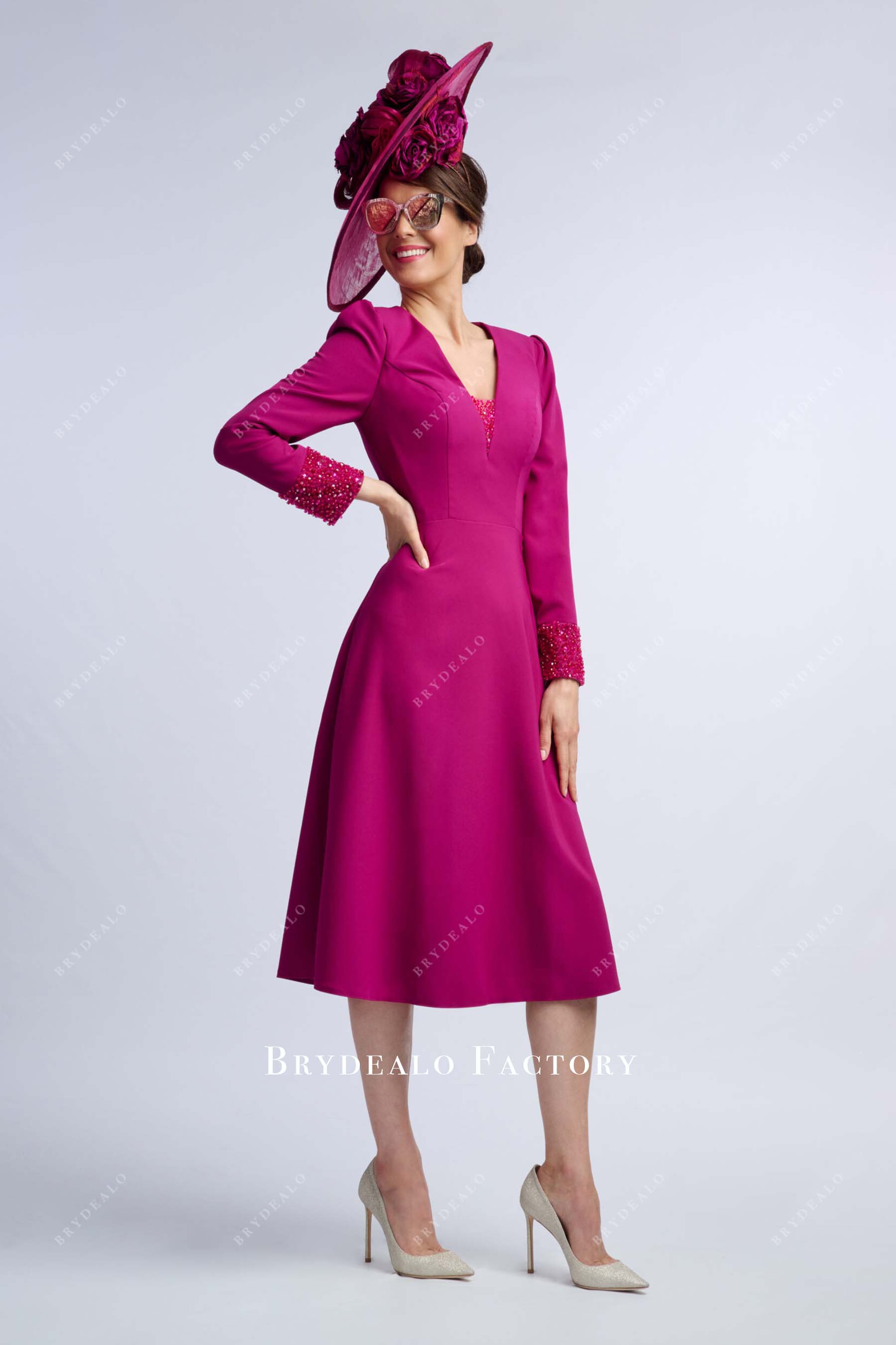 orchid long sleeves knee length mother of bride dress