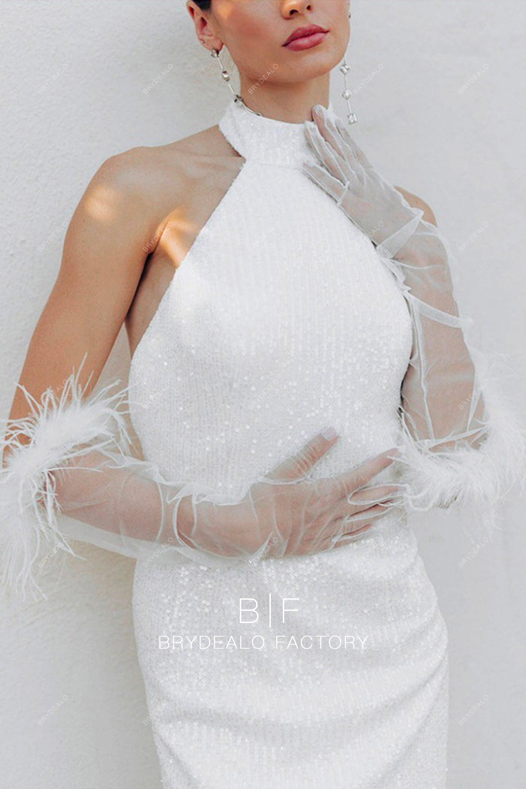 ostrich feather tulle bridal gloves
