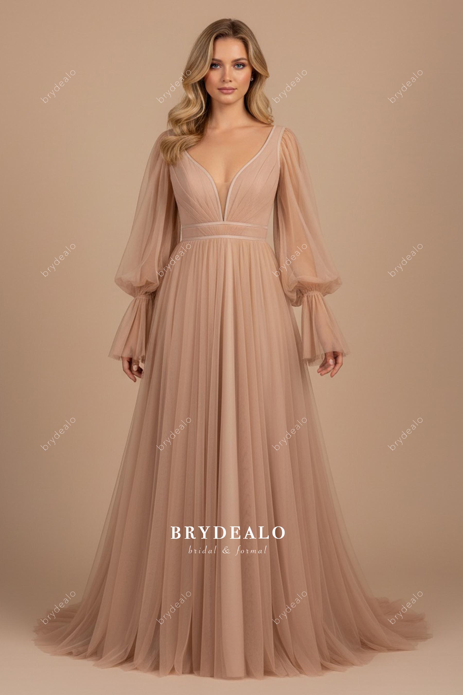 oyster tulle bubble sleeve wedding dress