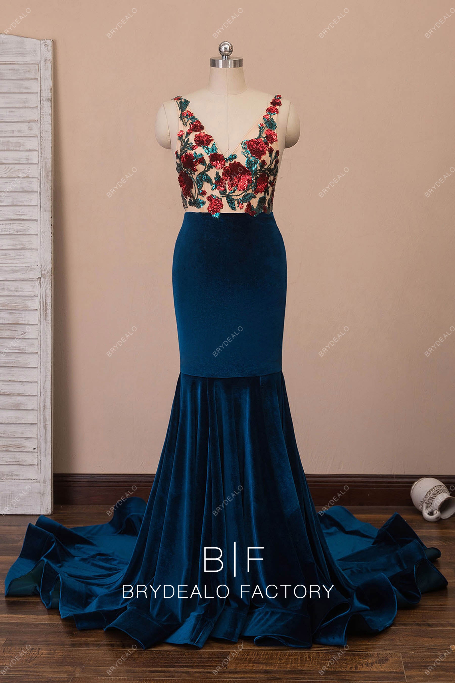 peacock velvet mermaid formal dress