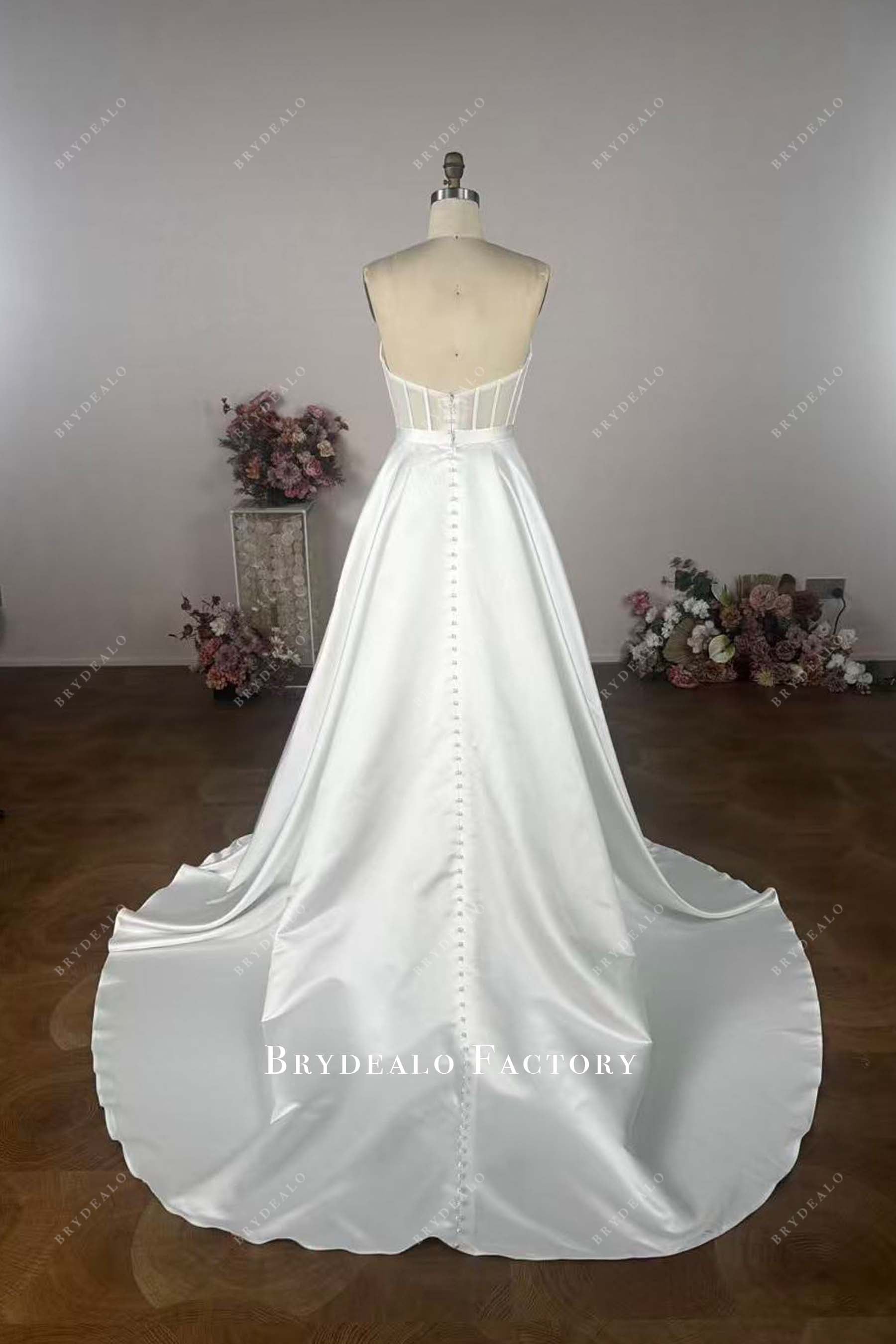 pearl buttons long train overskirt wedding dress
