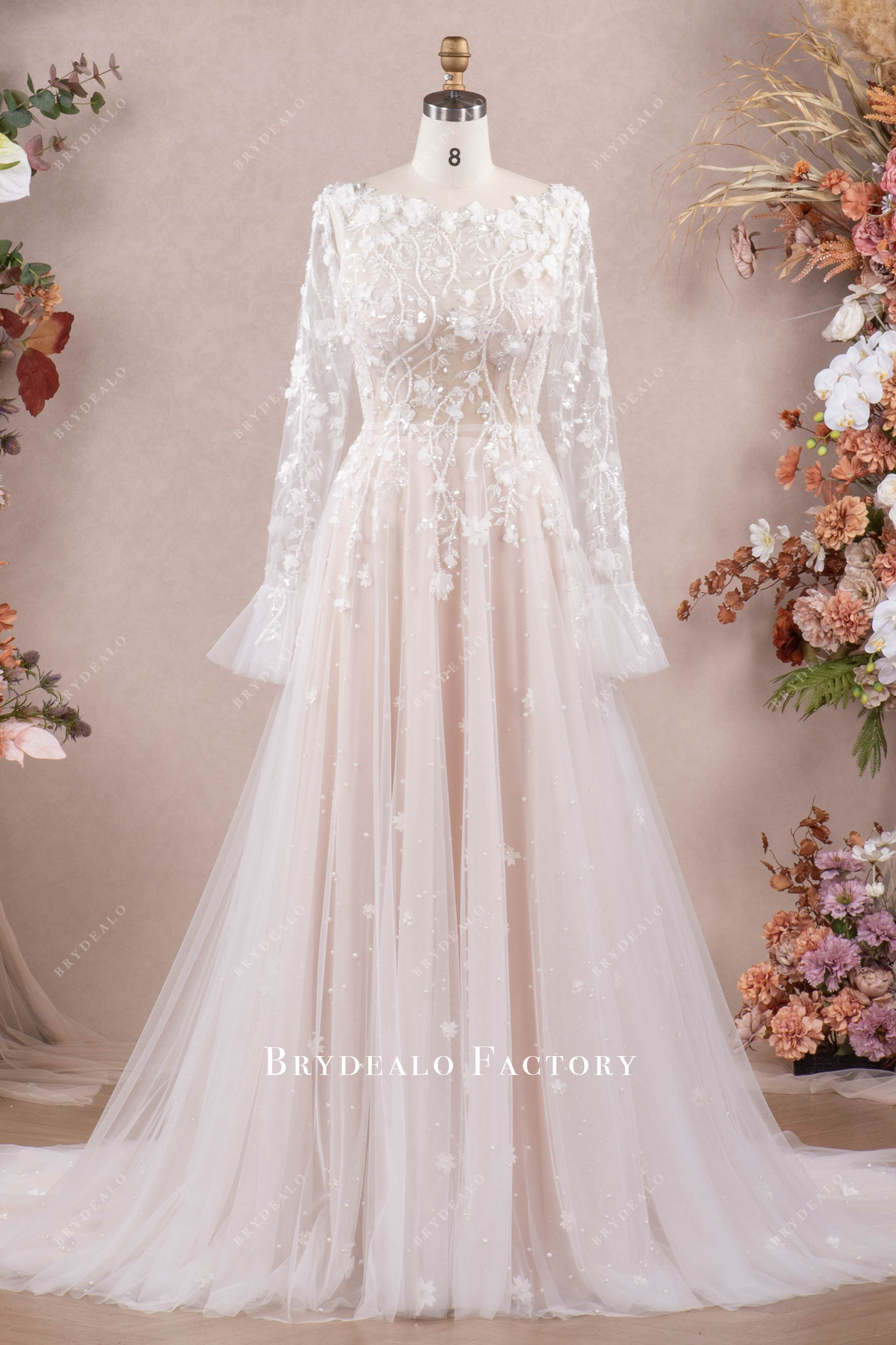 pearl flower wedding dress with separate robe